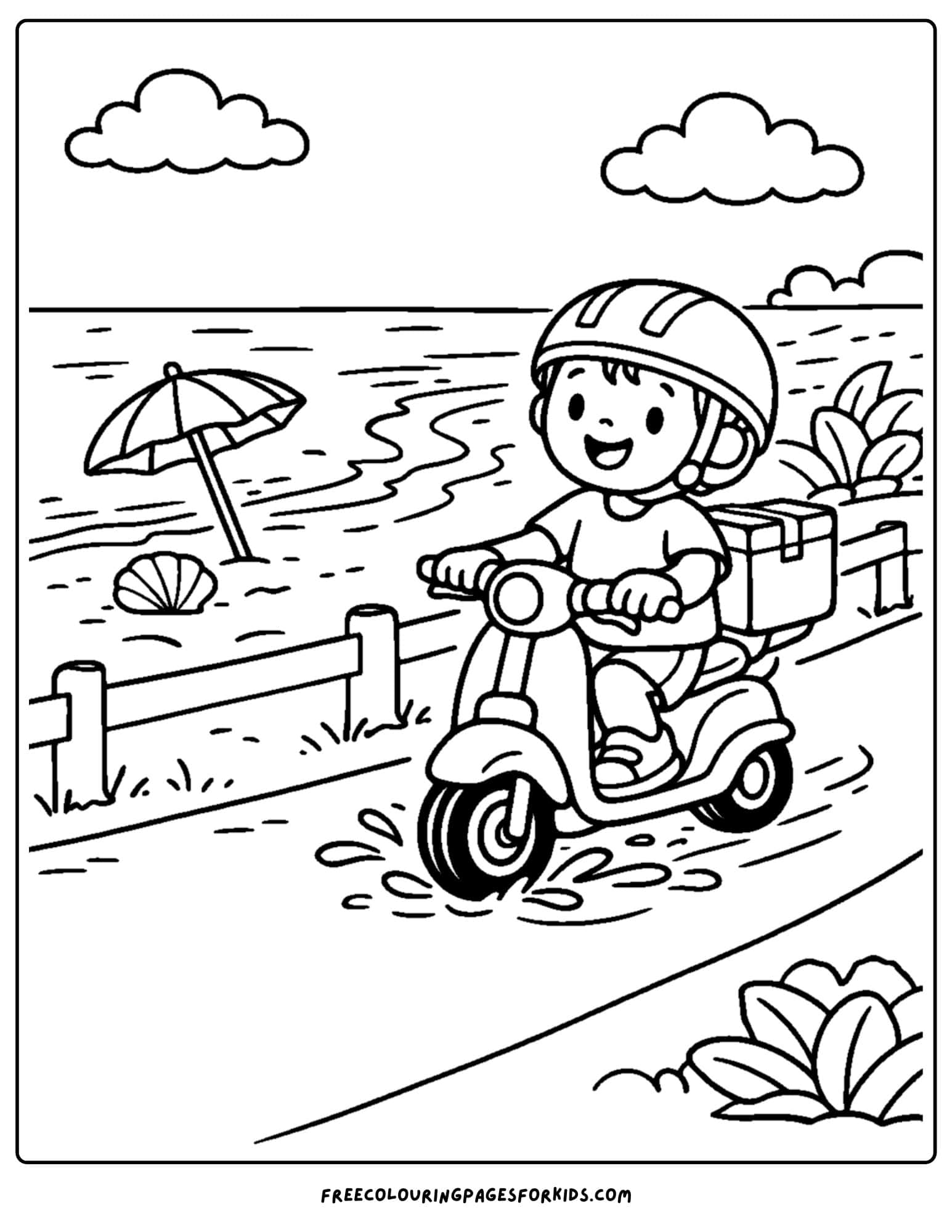 a motorbike coloring page featuring a rider going along a road next to the beach