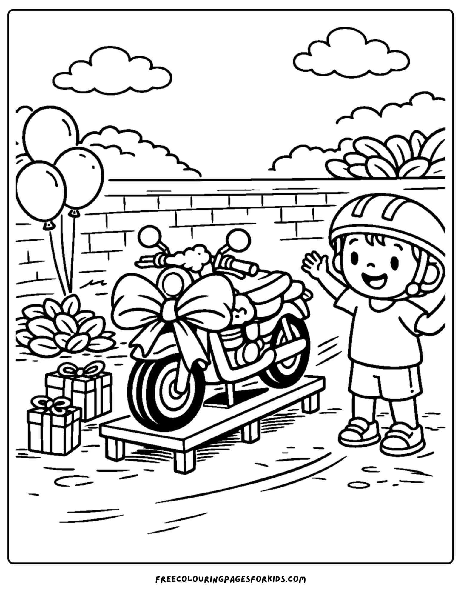 a motorbike coloring page featuring a rider getting a surprise motorbike for their birthday