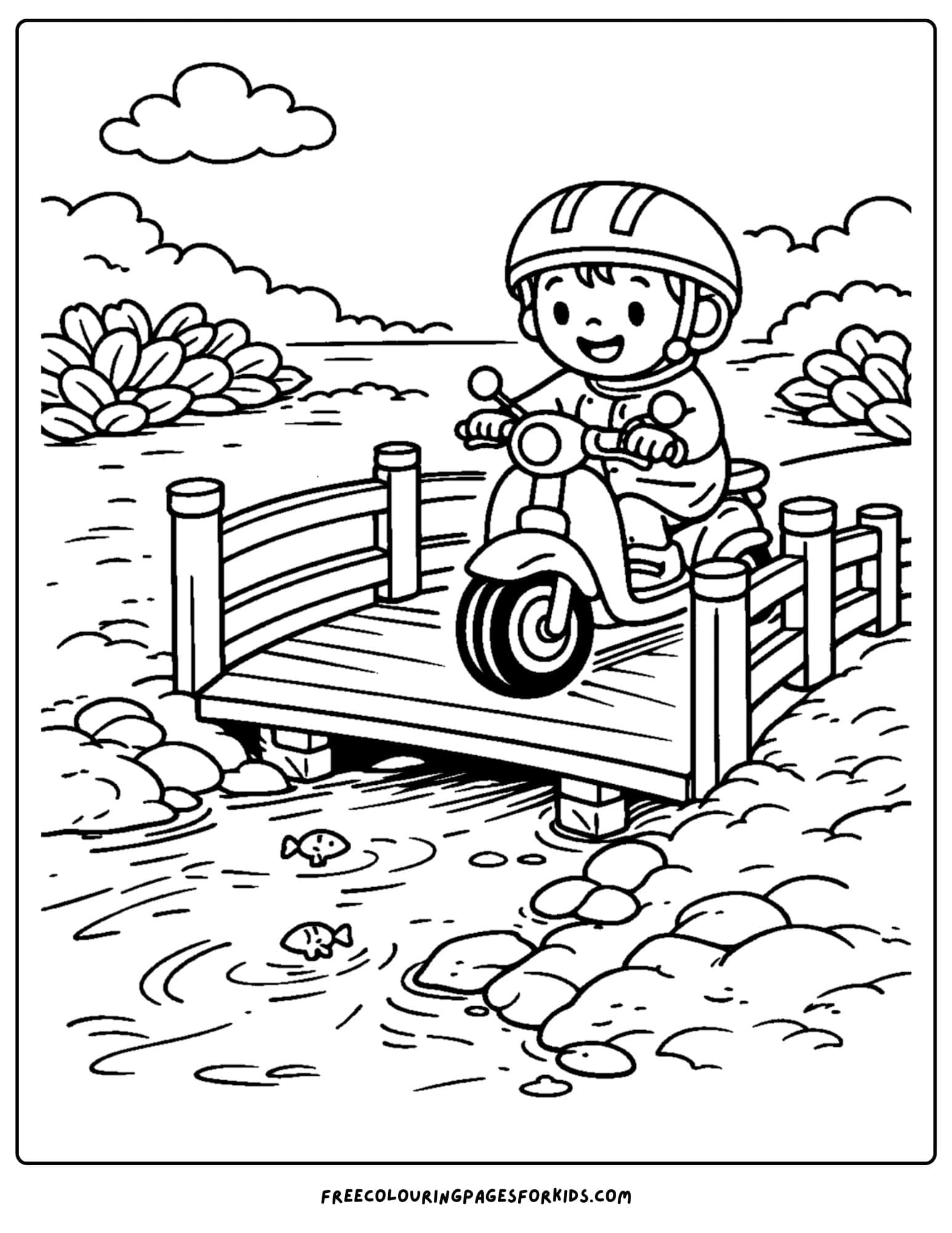 a motorbike coloring page featuring a rider stopped on a bridge at a stream