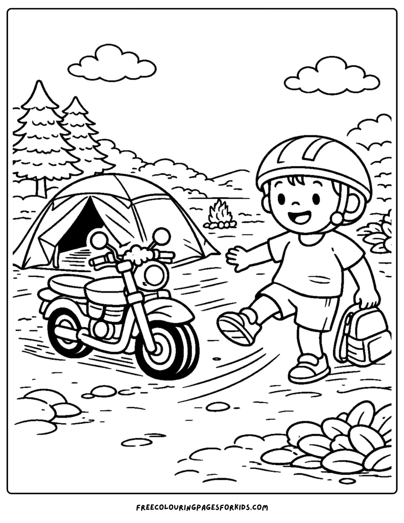 a motorbike coloring page featuring a rider going camping with their motorbike