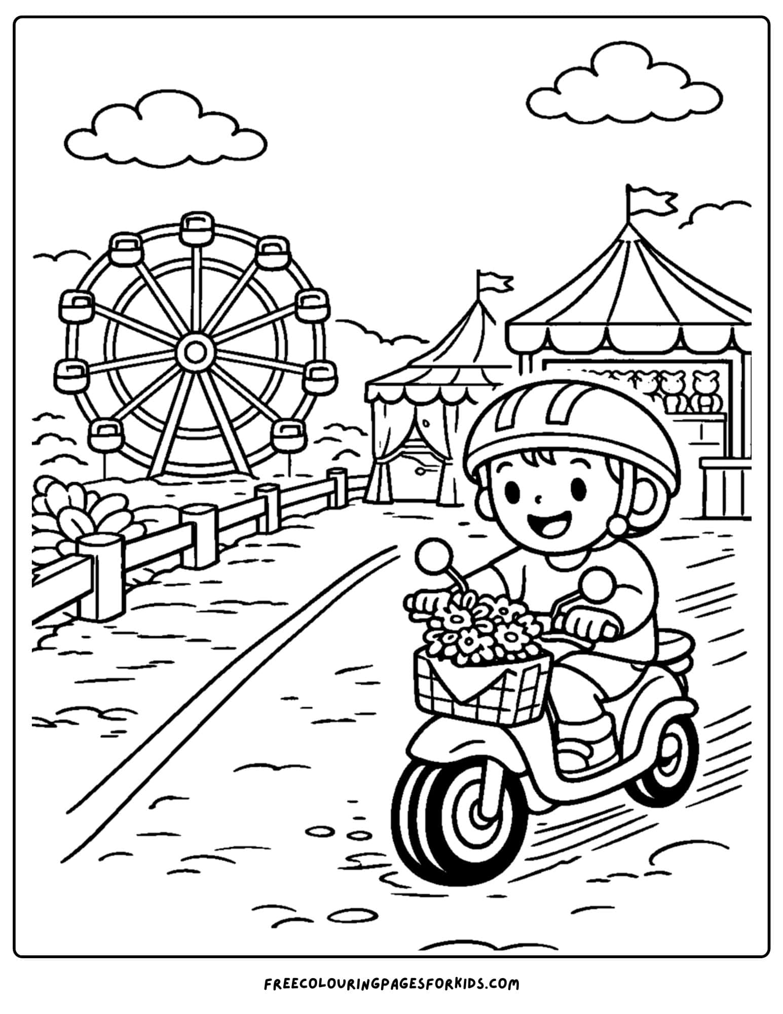 a motorbike coloring page featuring a rider going to a carnival with rides in the background