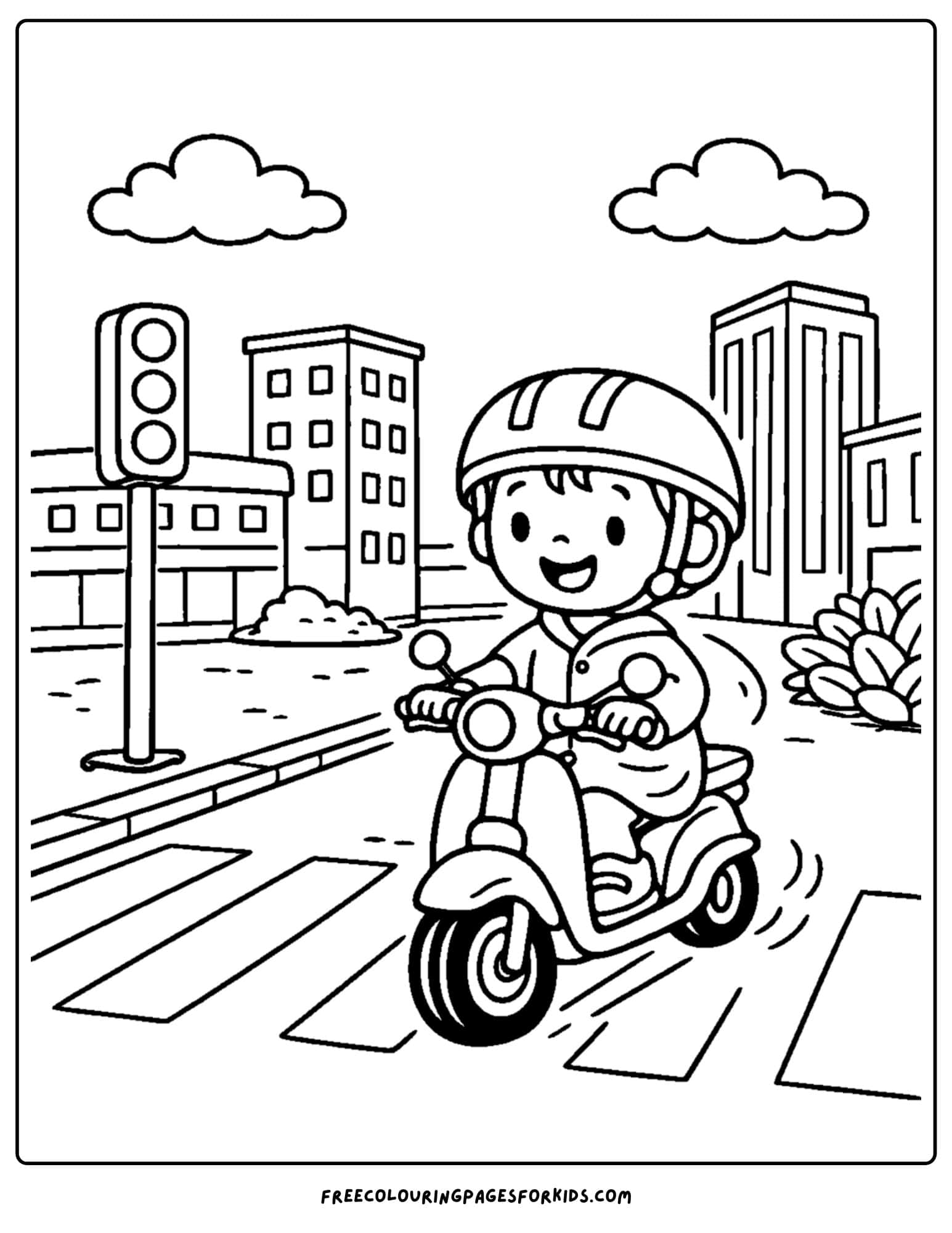 a motorbike coloring page featuring a rider stopped at a city crosswalk