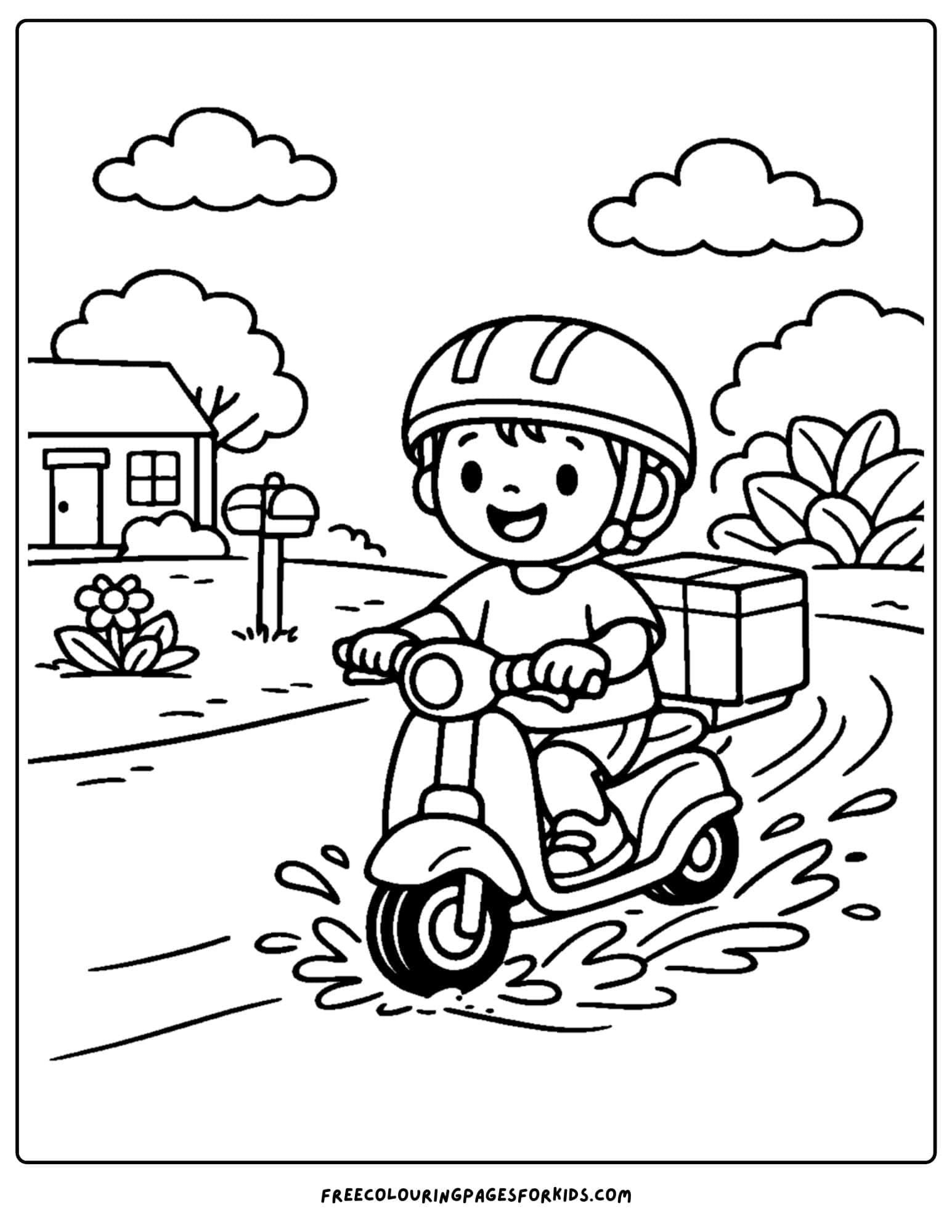 a motorbike coloring page featuring a delivery rider going down the road