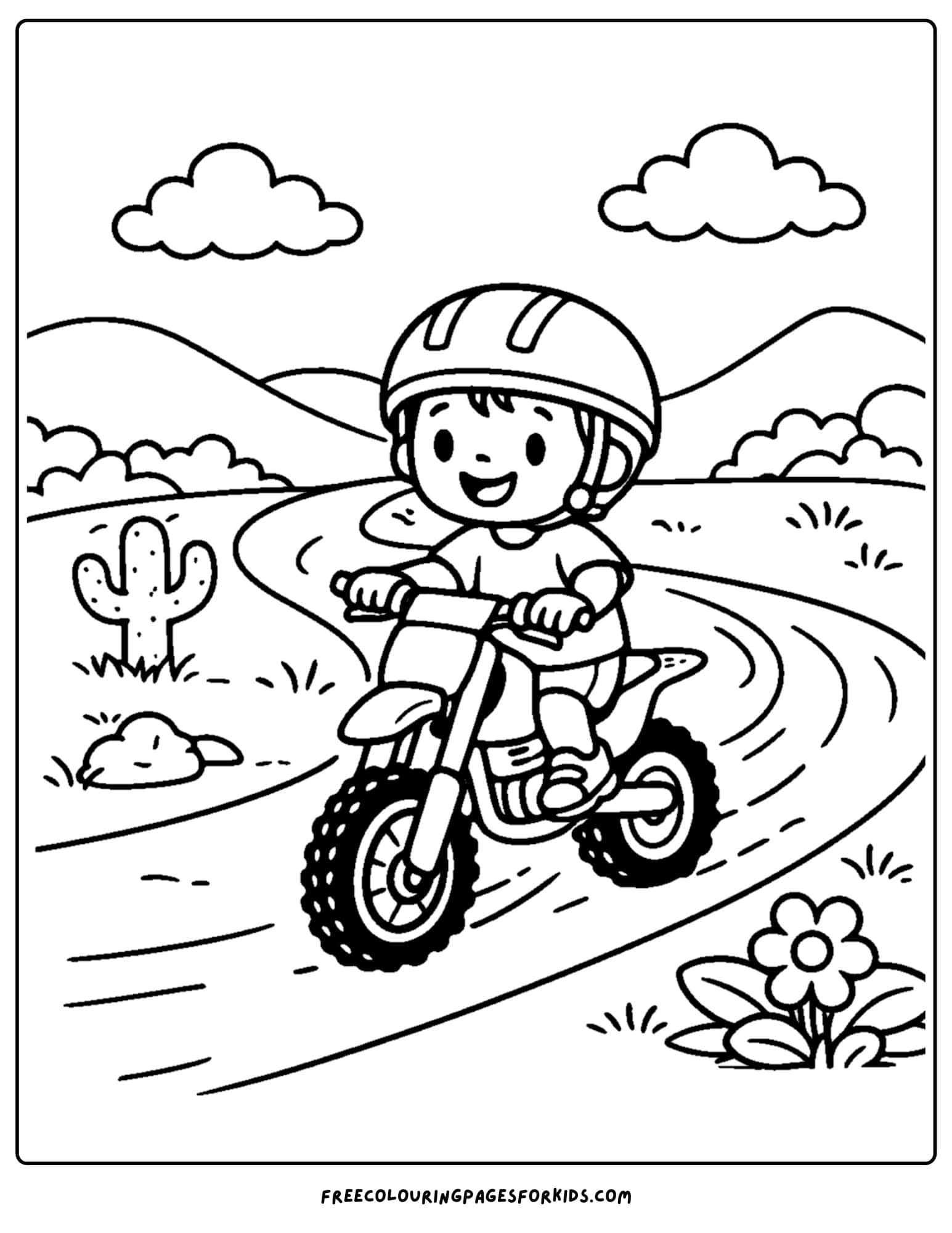 a motorbike coloring page featuring a rider on a dirt trail