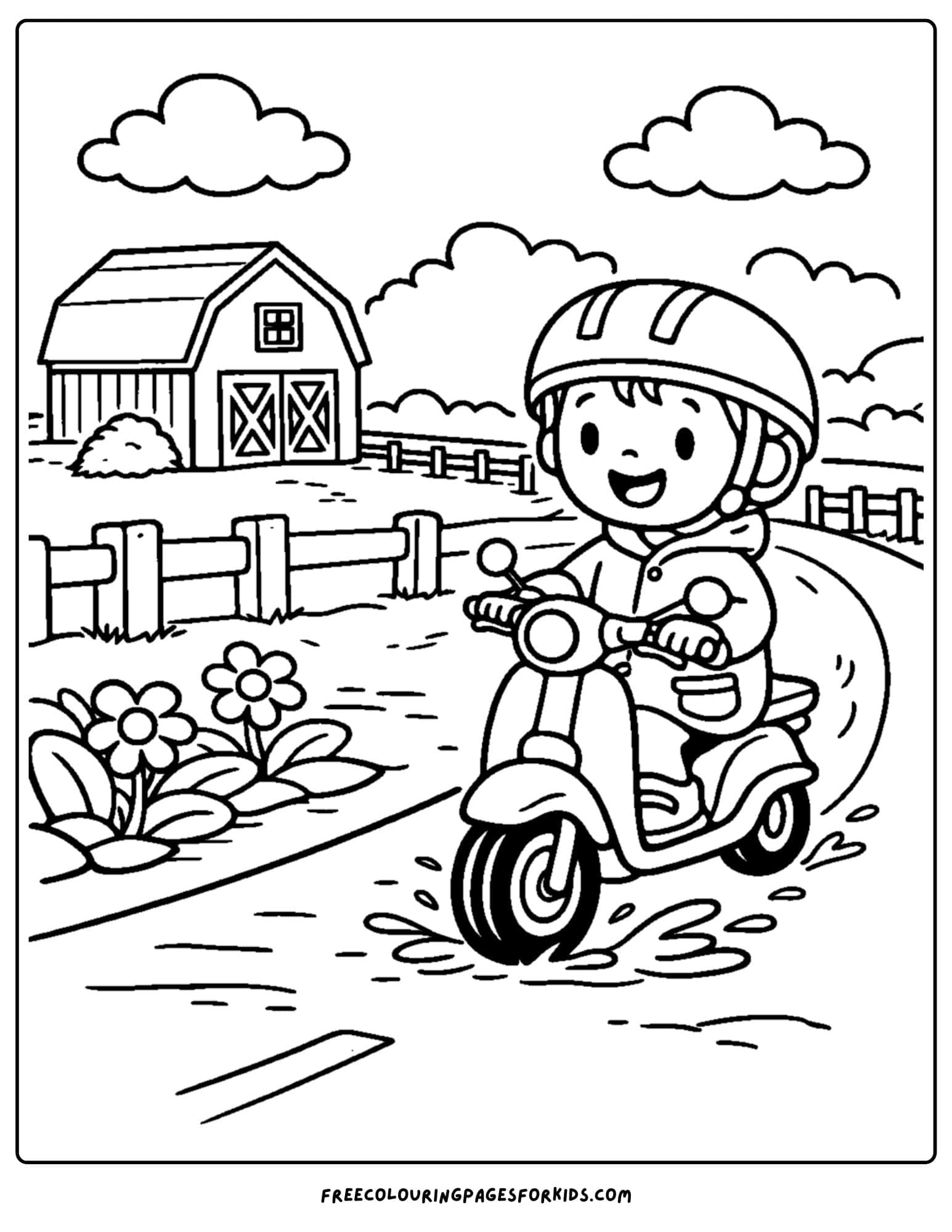 a motorbike coloring page featuring a rider going along a farm road