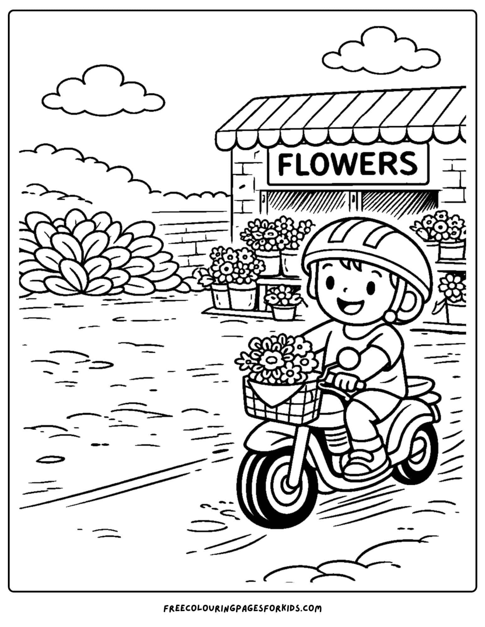 a motorbike coloring page featuring a rider stopped outside a flower shop