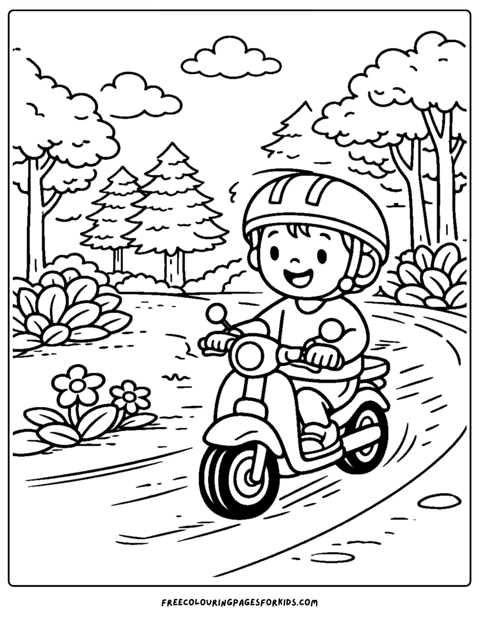 a motorbike coloring page featuring a rider going down a forest path