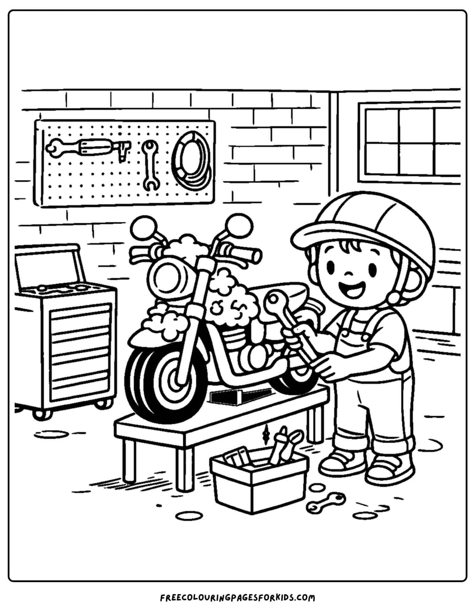 a motorbike coloring page featuring a rider giving their bike a tune up in the garage
