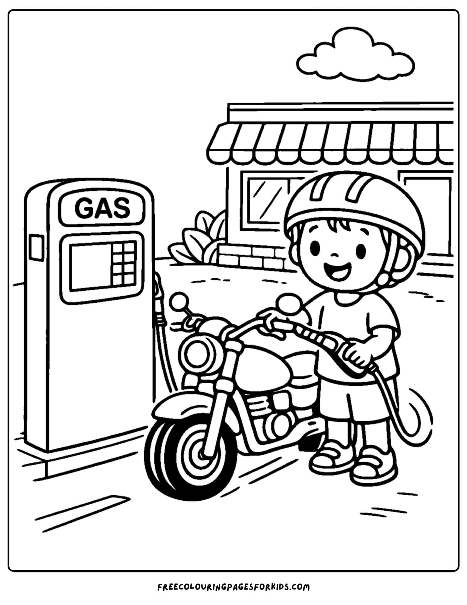 a motorbike coloring page featuring a rider stopped to get fuel at a gas station