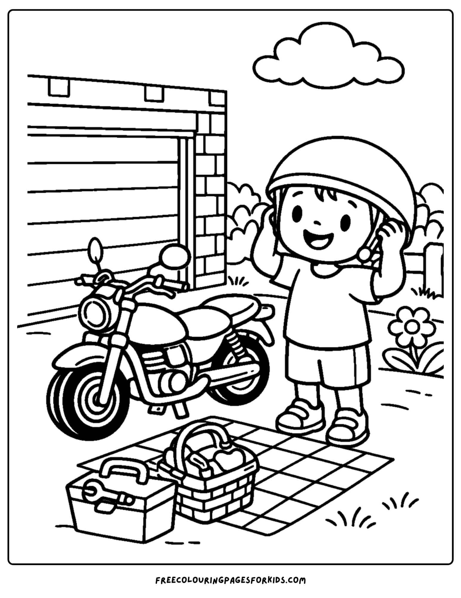 a motorbike coloring page featuring a rider checking their helmet before going for a ride. with the bike parked in front of their garage