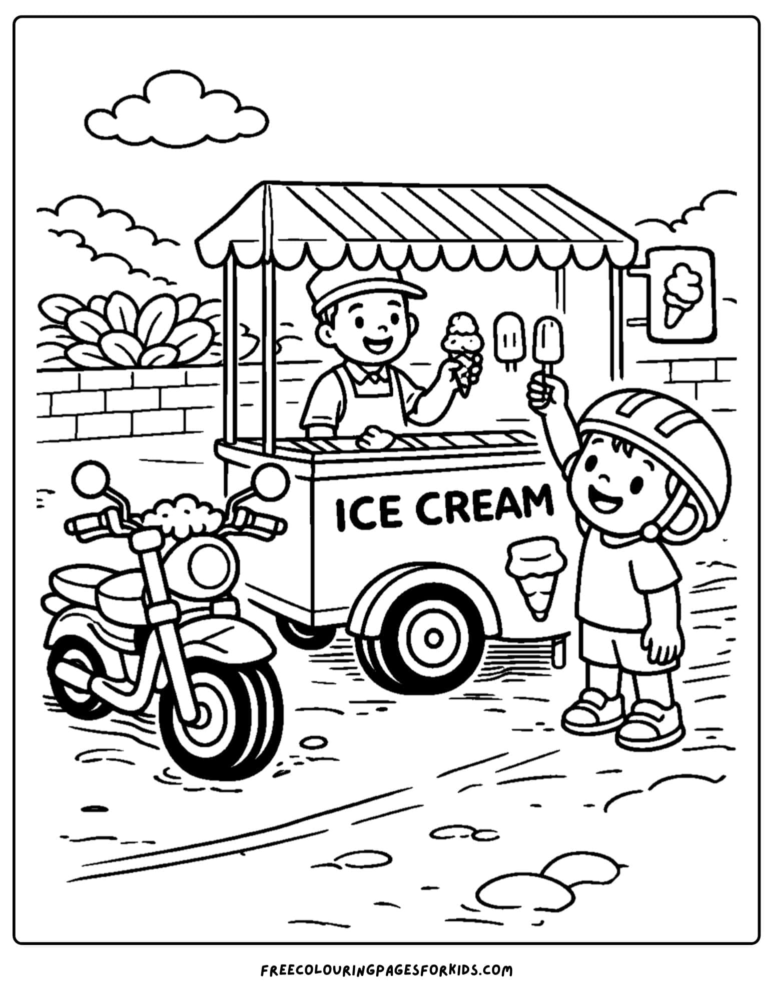 a motorbike coloring page featuring a rider parked next to an ice cream cart to buy ice cream