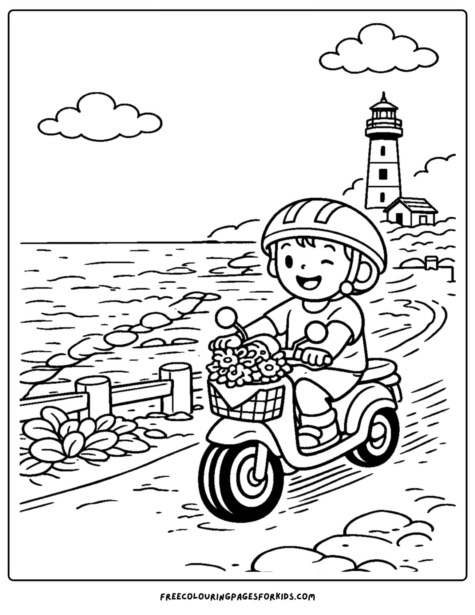 a motorbike coloring page featuring a rider going along a coastal ride with the water on one side and a lighthouse in the background