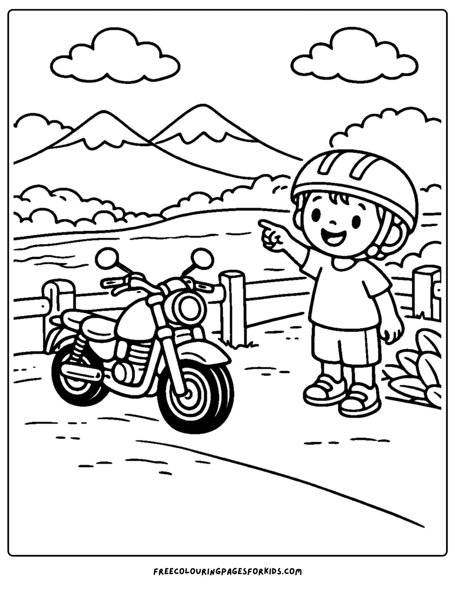 a motorbike coloring page featuring a rider stopped to take in the mountain view along a road