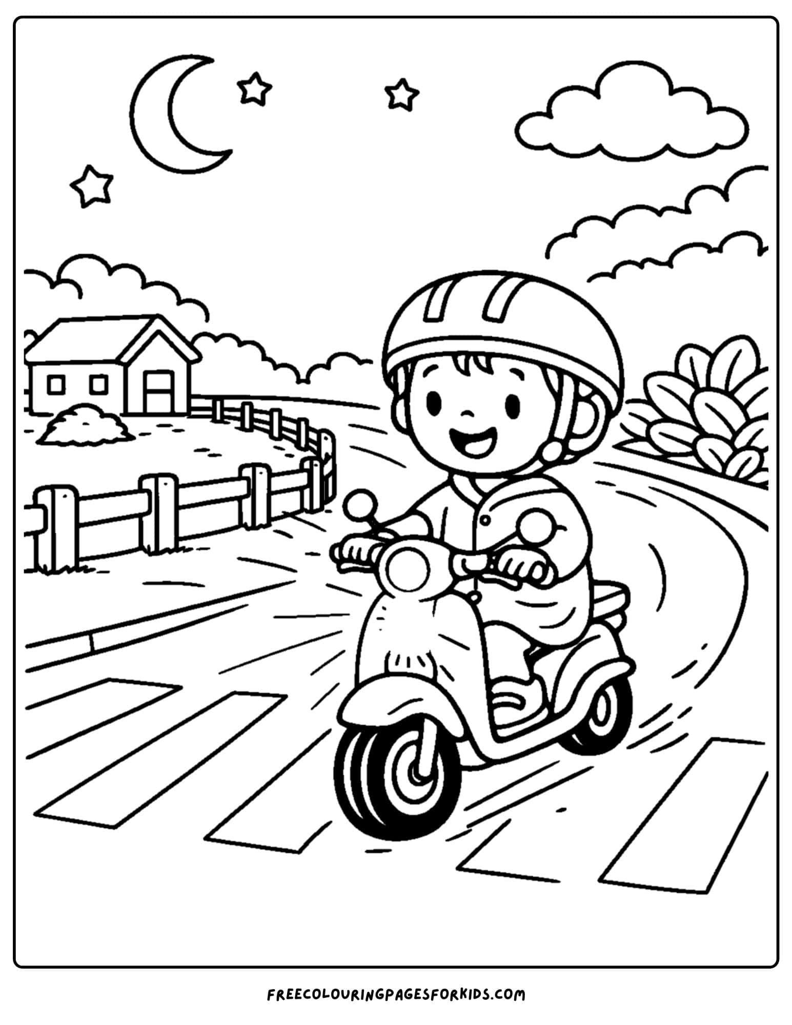 a motorbike coloring page featuring a rider using their headlights riding at night on the road