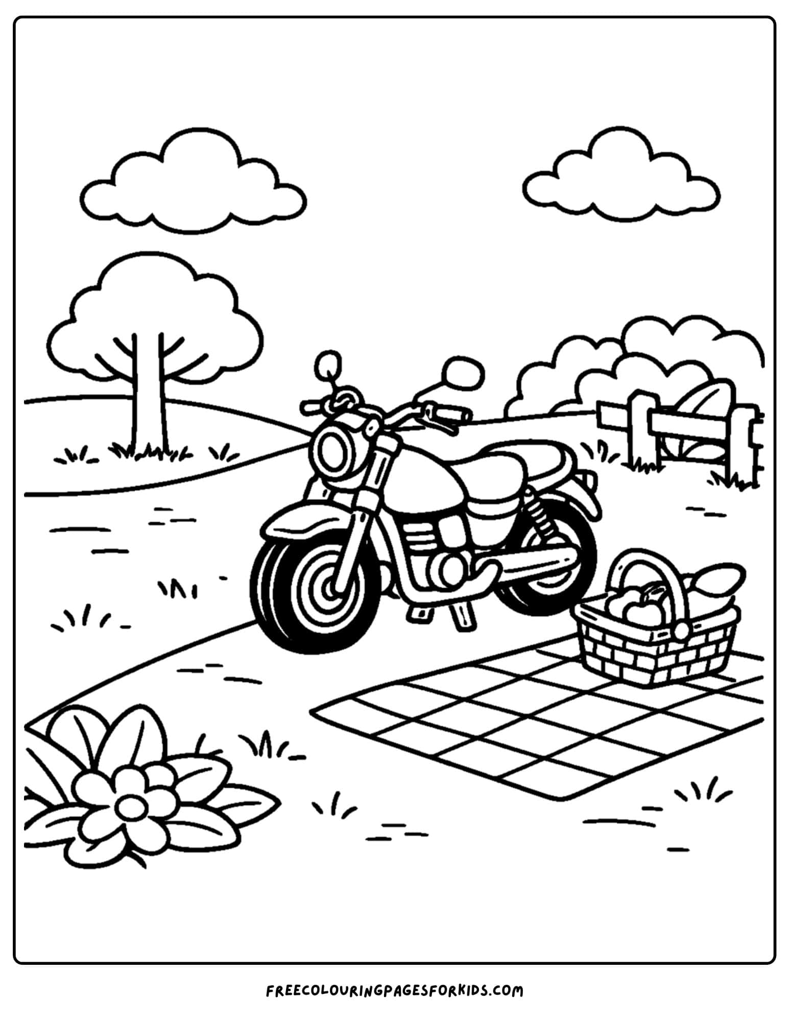 a motorbike coloring page featuring a rider stopped in a park to have a picnic