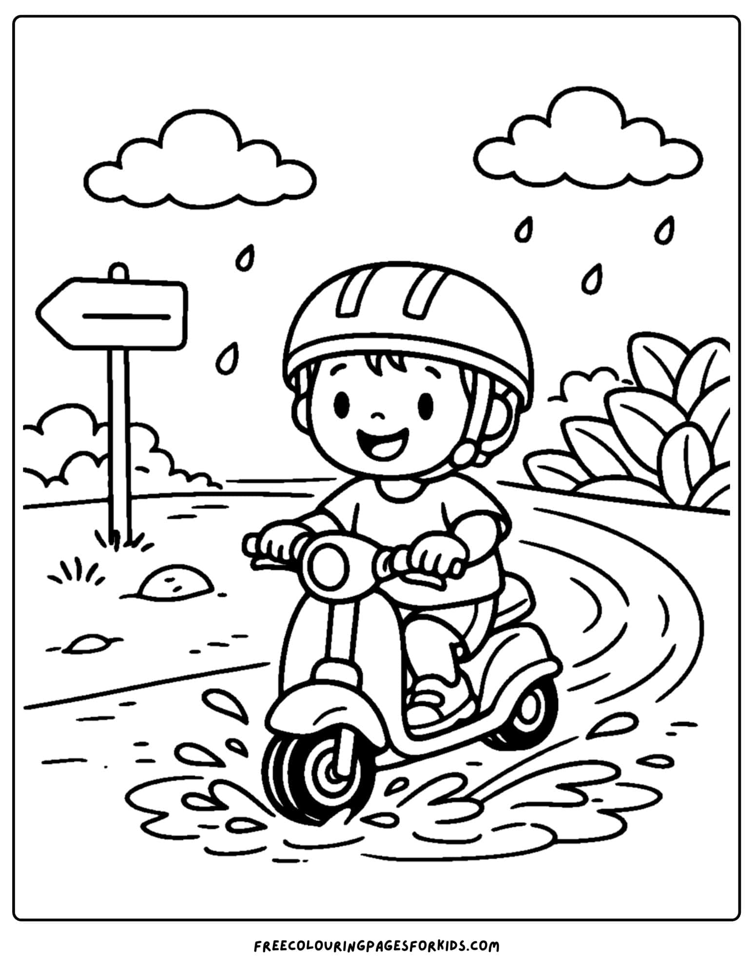 a motorbike coloring page featuring a rider splasing in puddles riding in the rain