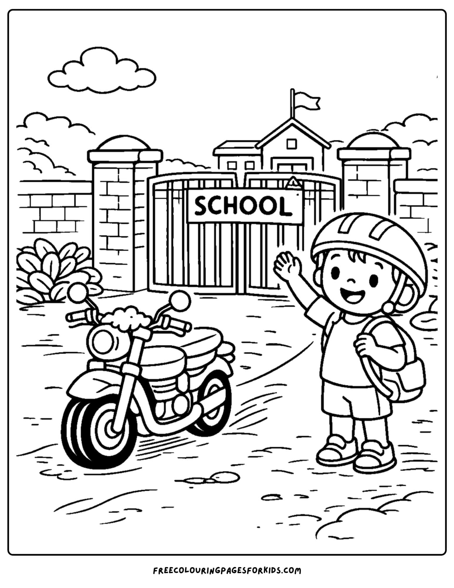 a motorbike coloring page featuring a rider doing the school drop off with their bike