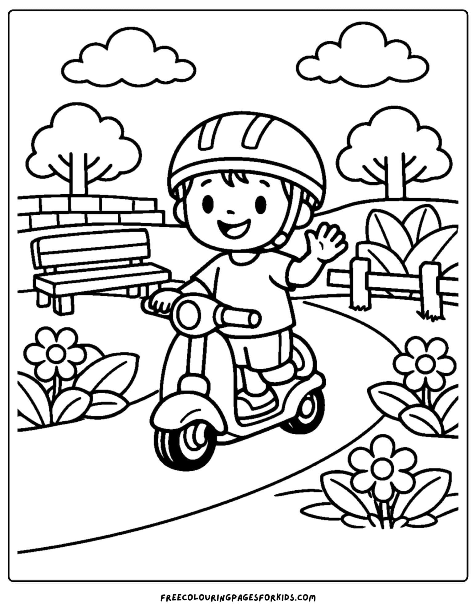 a motorbike coloring page featuring a rider going along a road in a park
