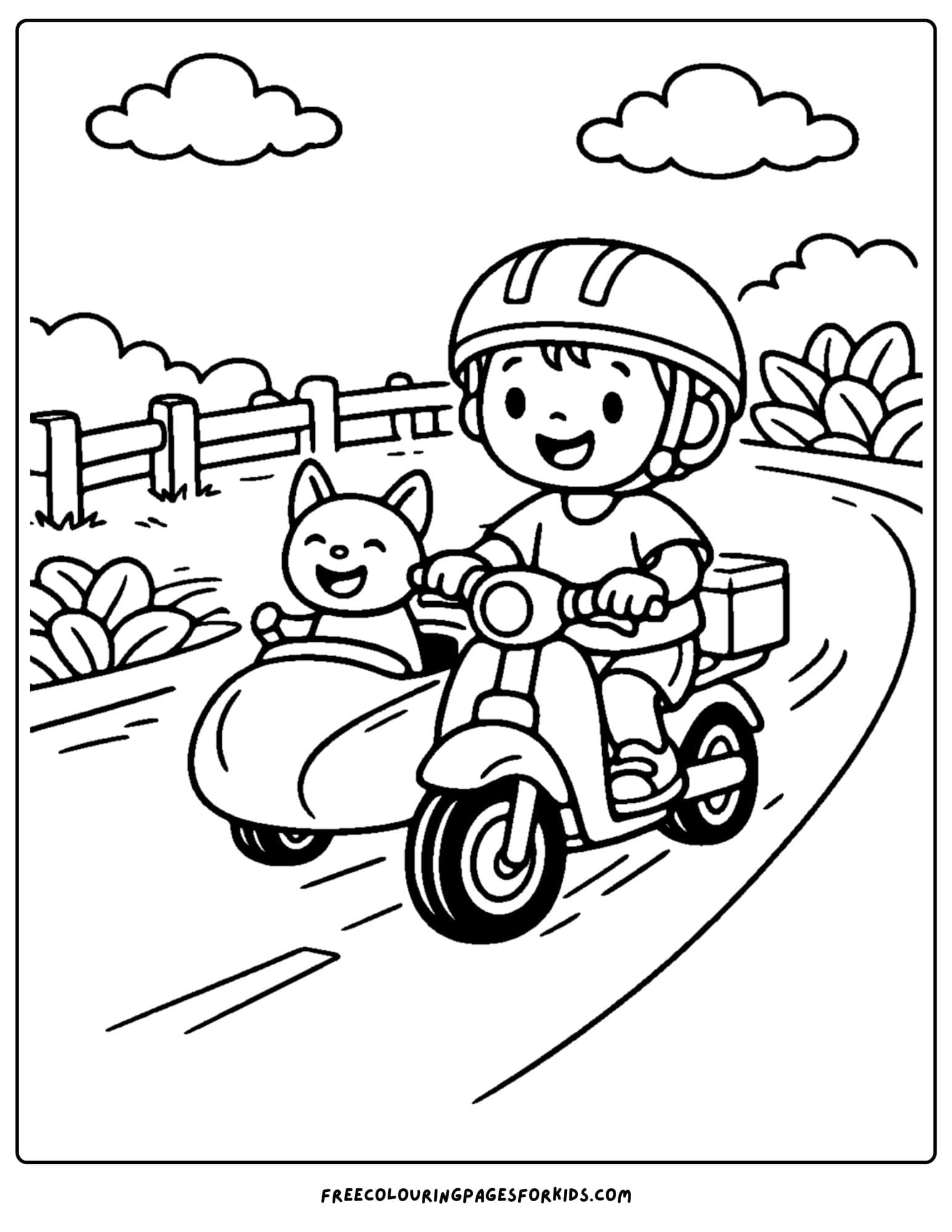 a motorbike coloring page featuring a rider with a sidebar and their cat sitting in it