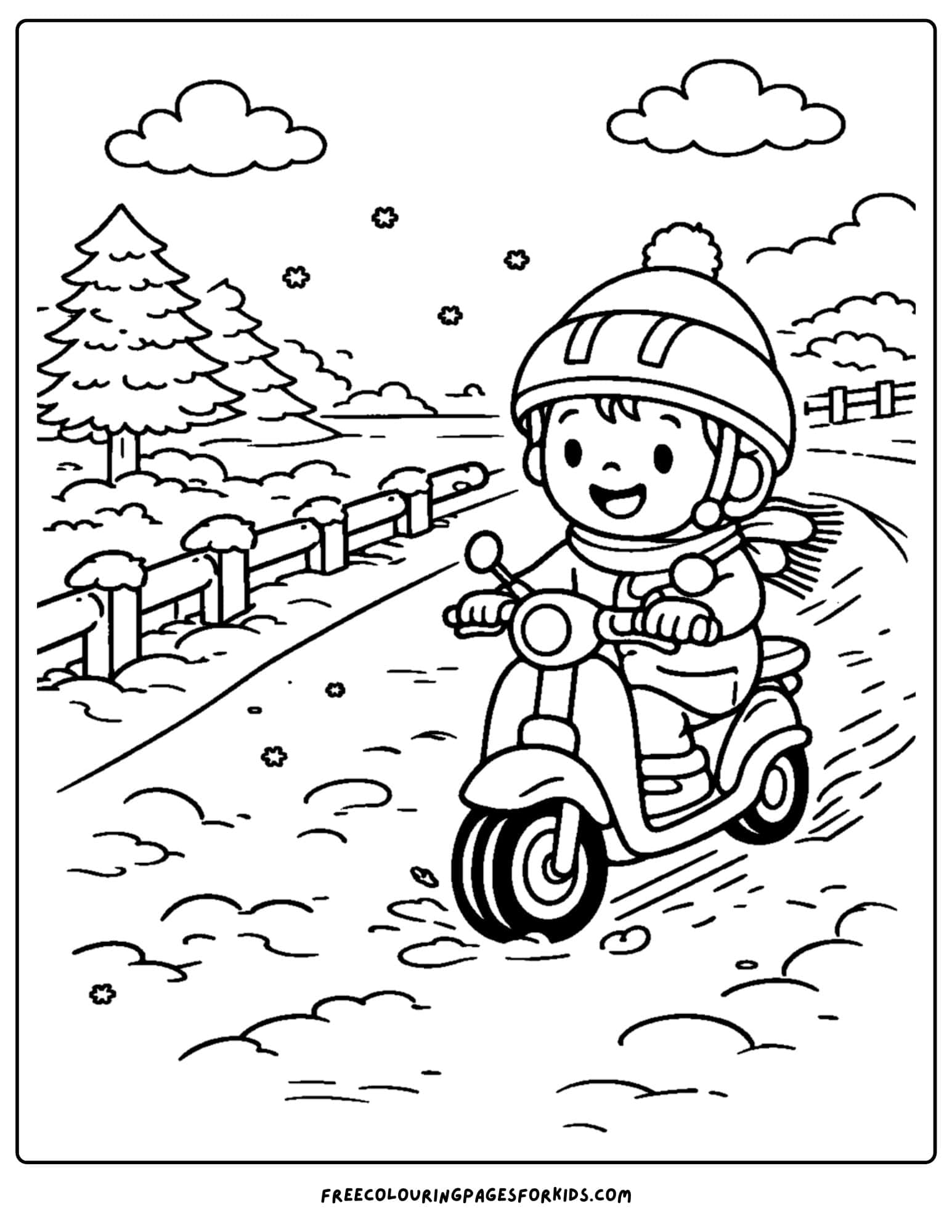 a motorbike coloring page featuring a rider on a scooter going down a snowy road