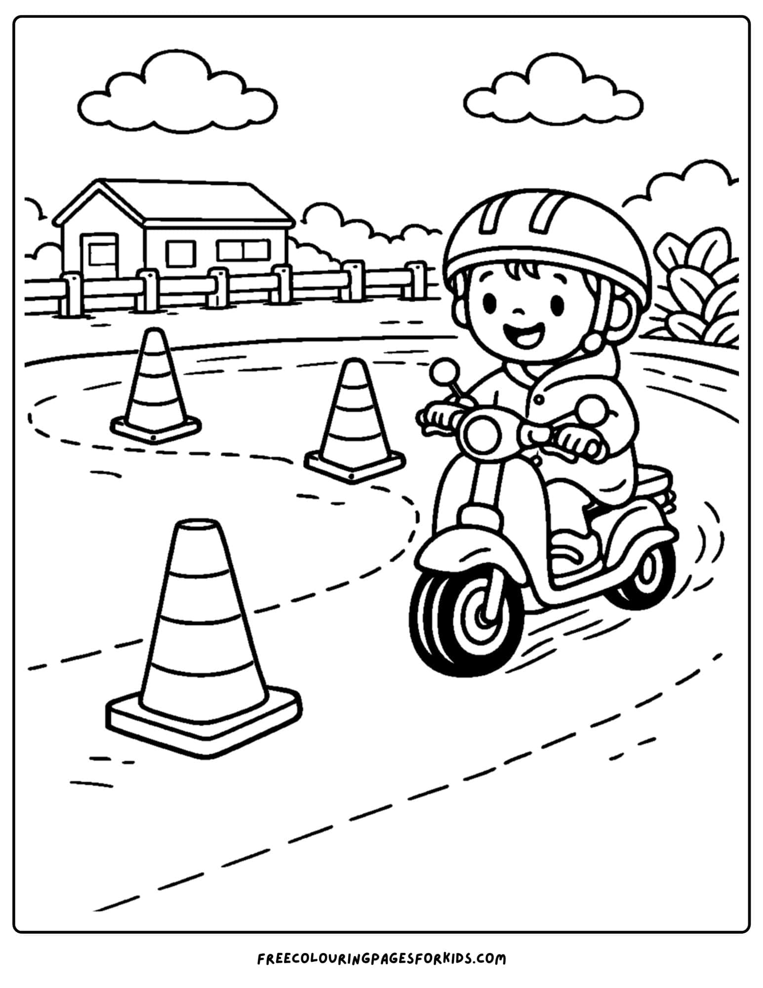 a motorbike coloring page featuring a rider practicing riding around traffic cones