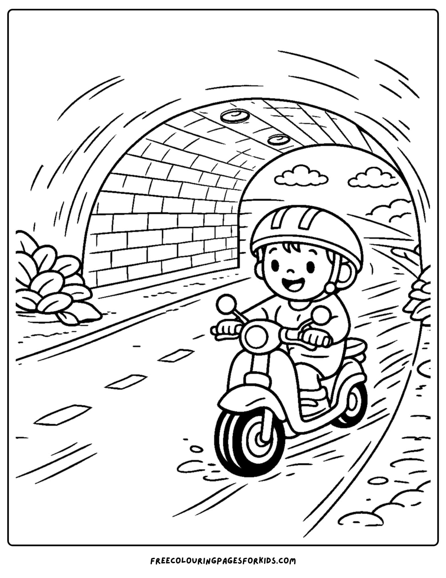 a motorbike coloring page featuring a rider going through a big tunnel