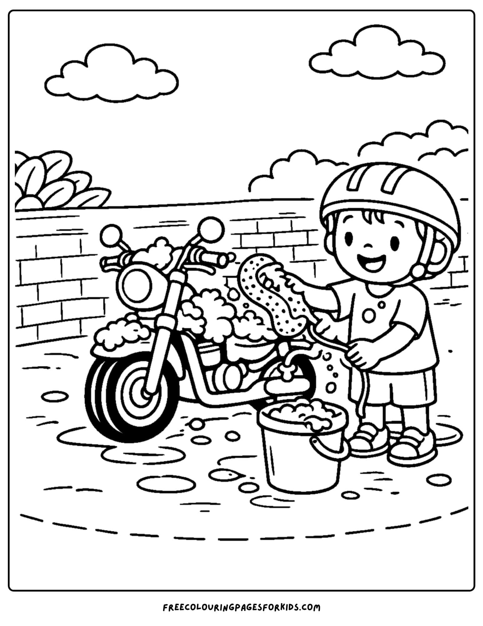 a motorbike coloring page featuring a rider washing their bike with lots of bubbles