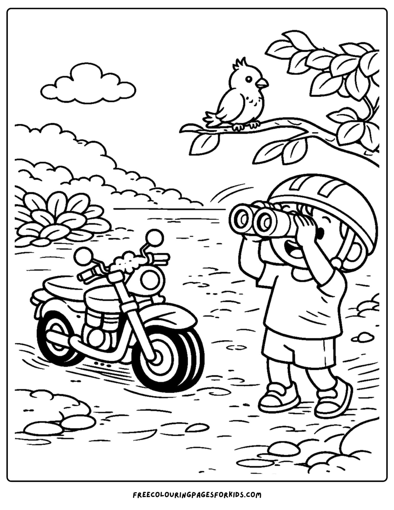 a motorbike coloring page featuring a rider going off bird watching with their bike parked next to them