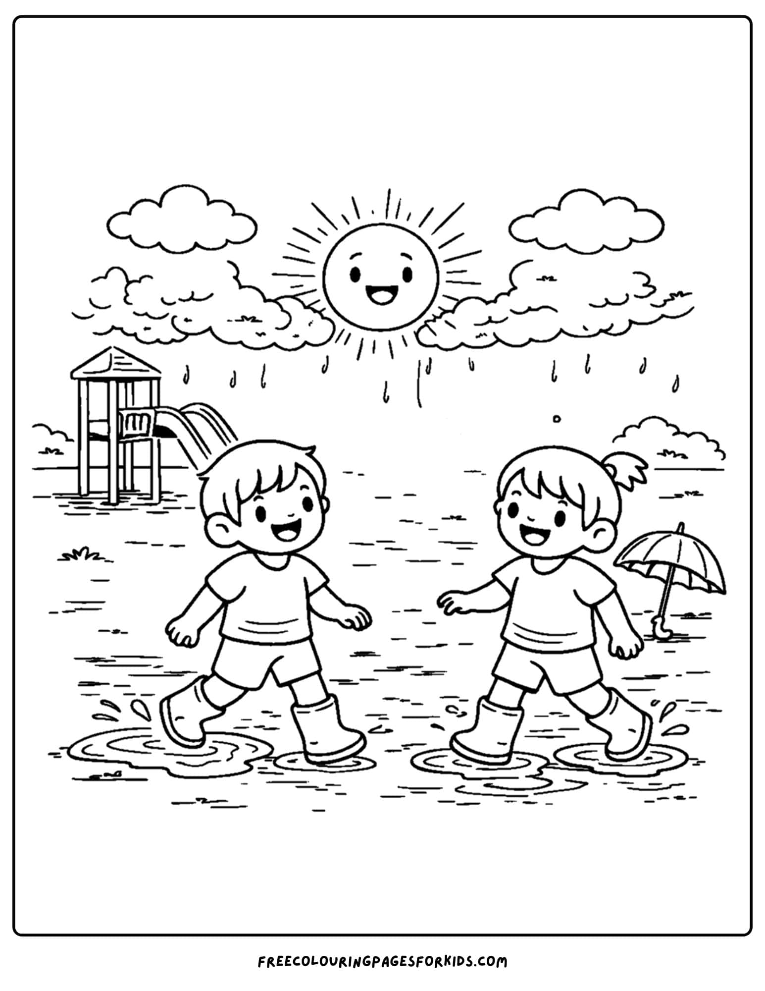 a coloring page of a childrens playground showing kids running around in puddles after some rain
