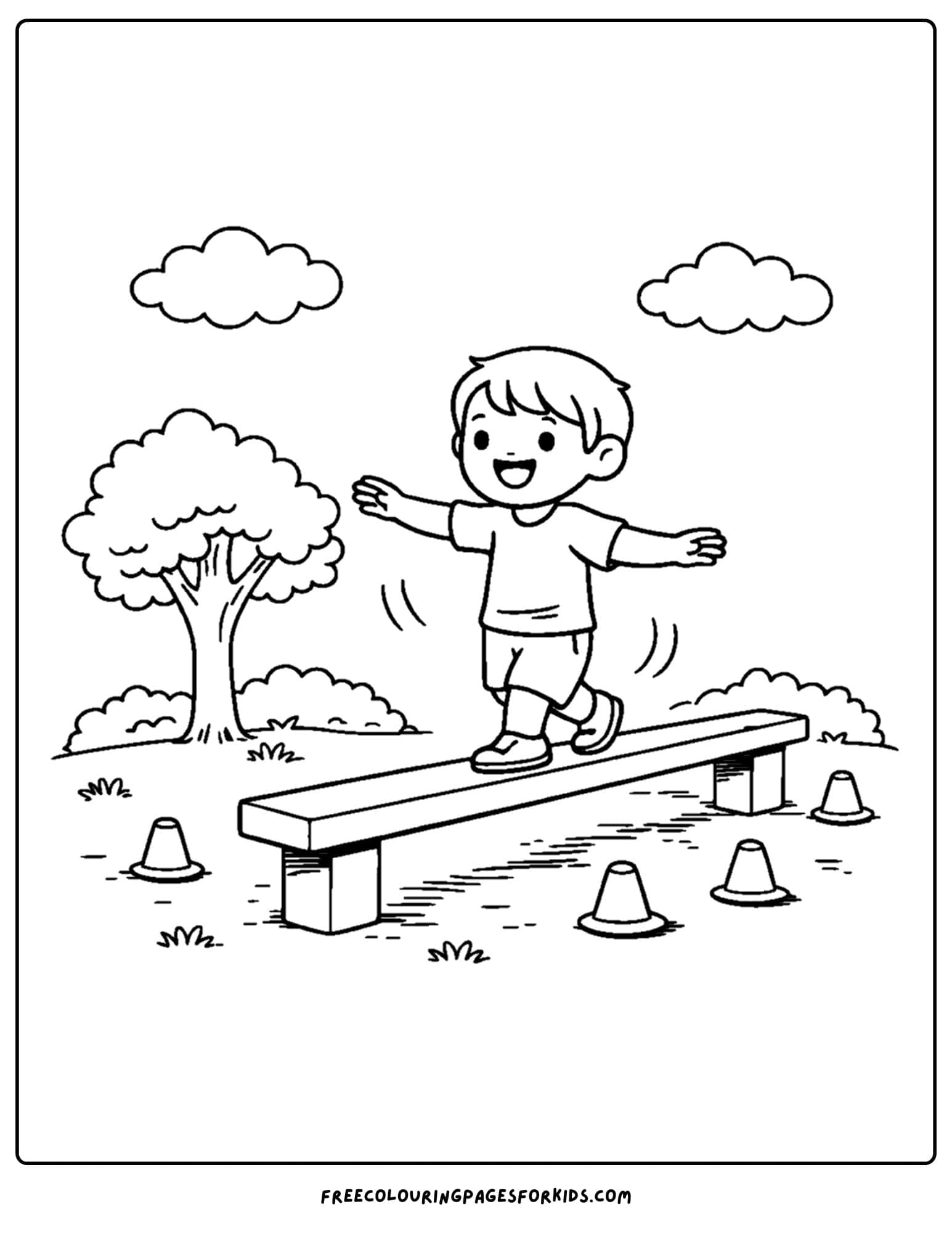 a coloring page of a childrens playground showing a child on the balance beam
