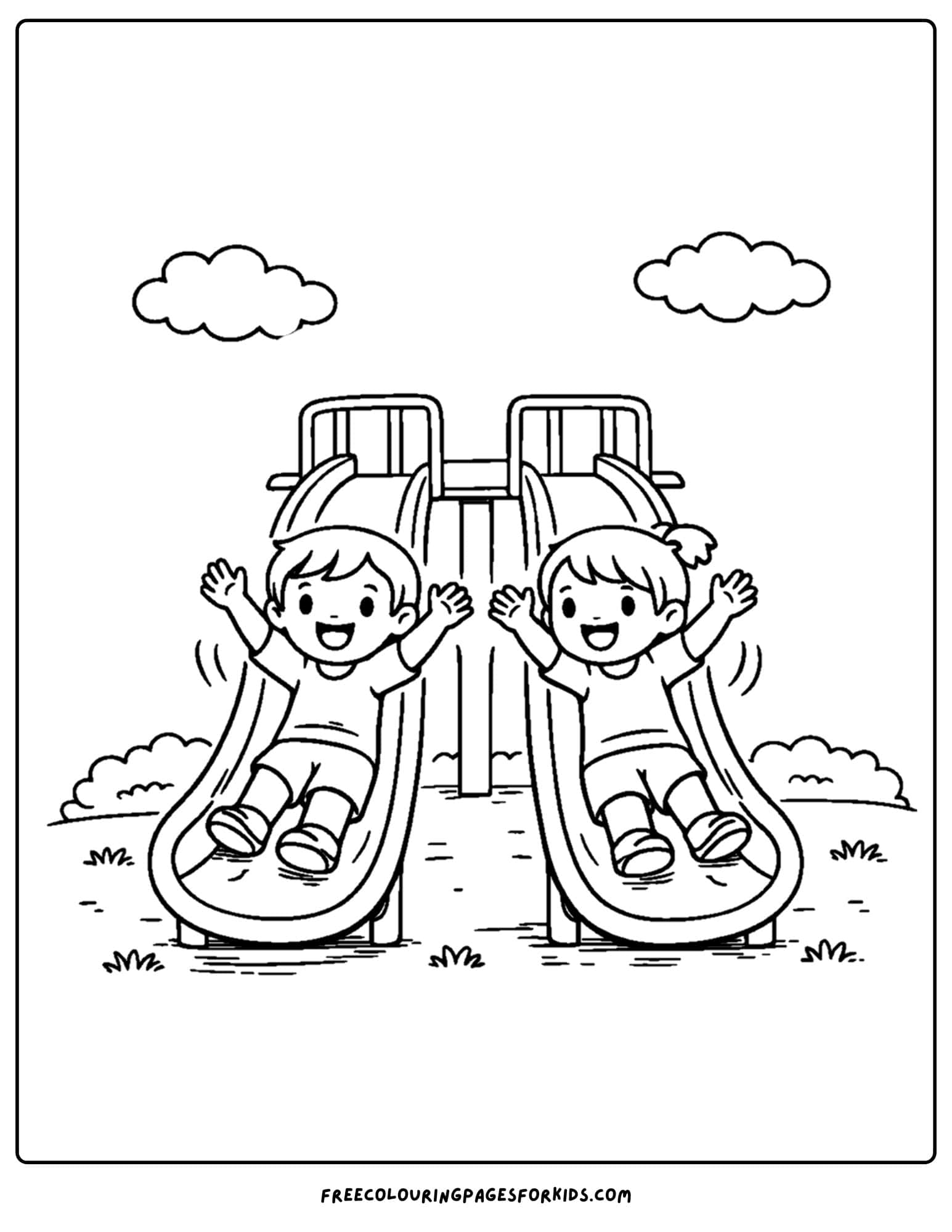 a coloring page of a childrens playground showing two kids going down slides side by side