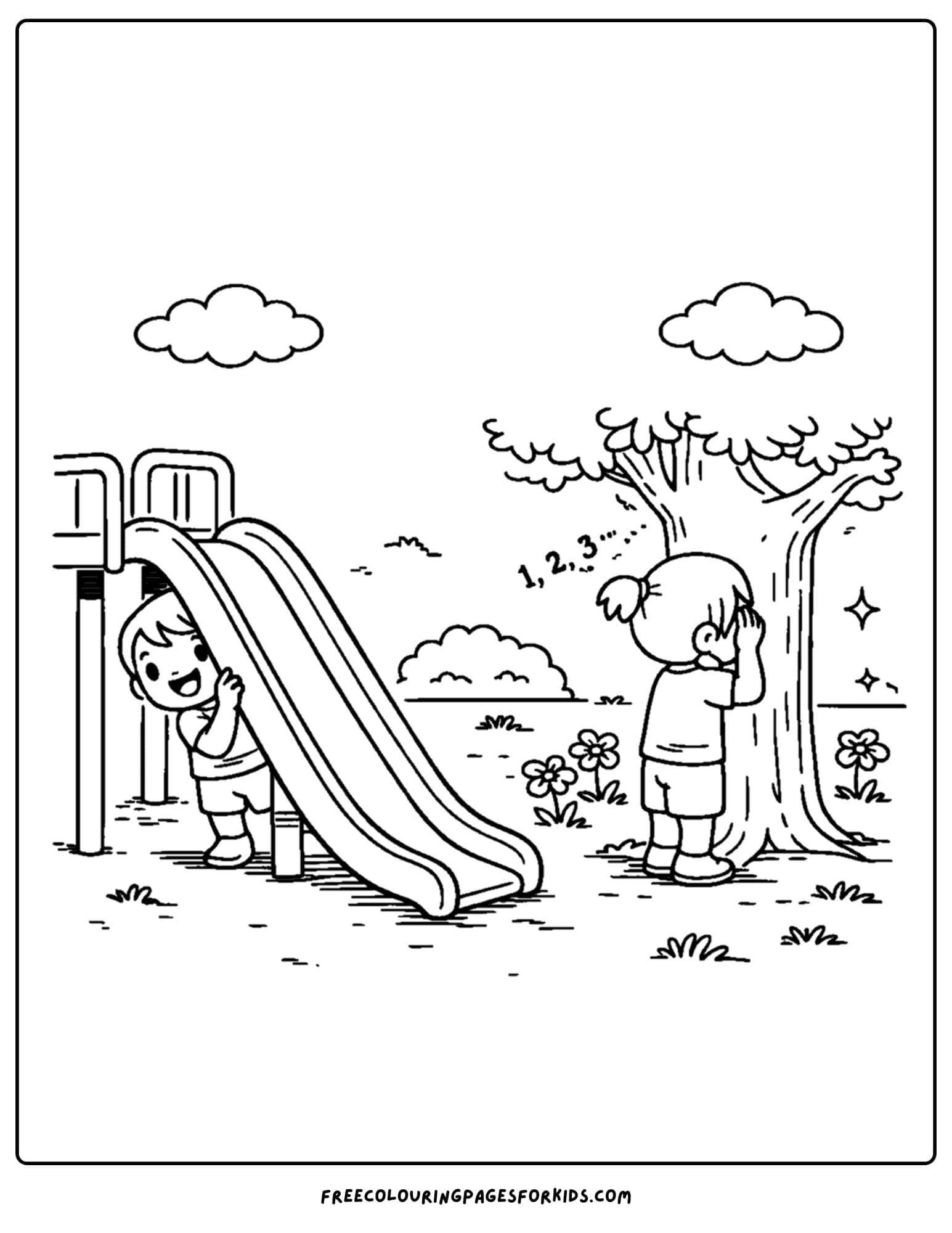 a coloring page of a childrens playground showing kids playing hide and seek