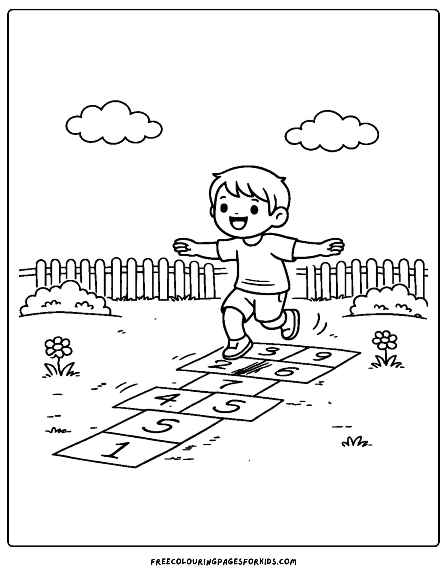 a coloring page of a childrens playground showing a child playing hopscotch