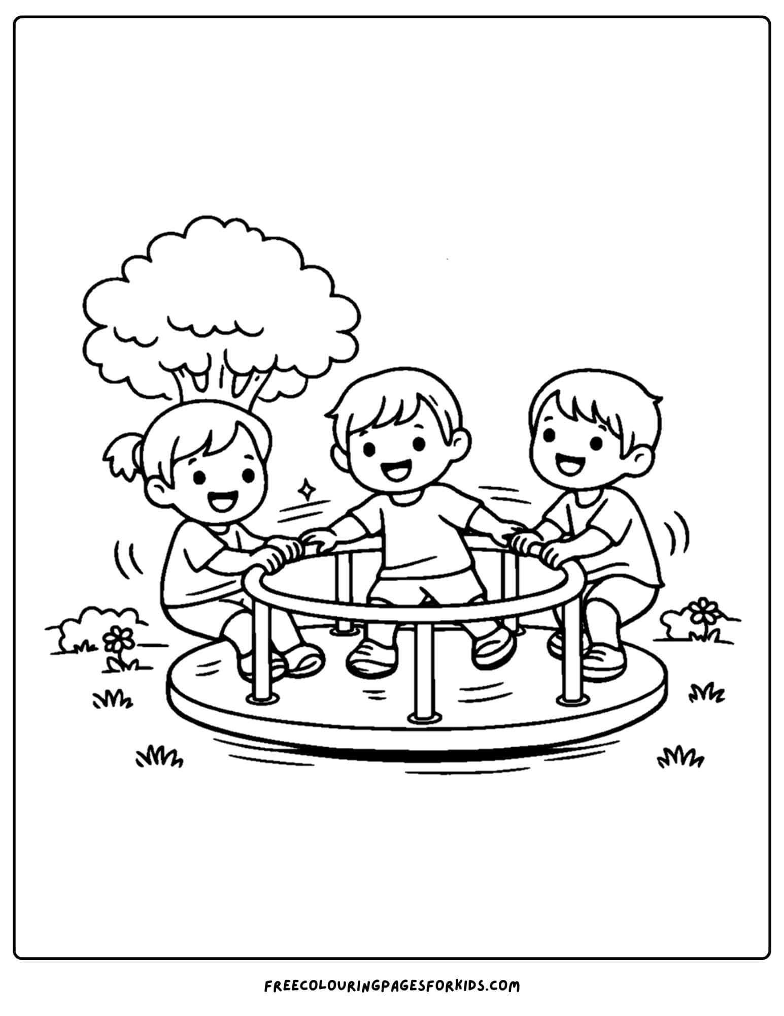 a coloring page of a childrens playground showing kids spinning fast on the merry go round