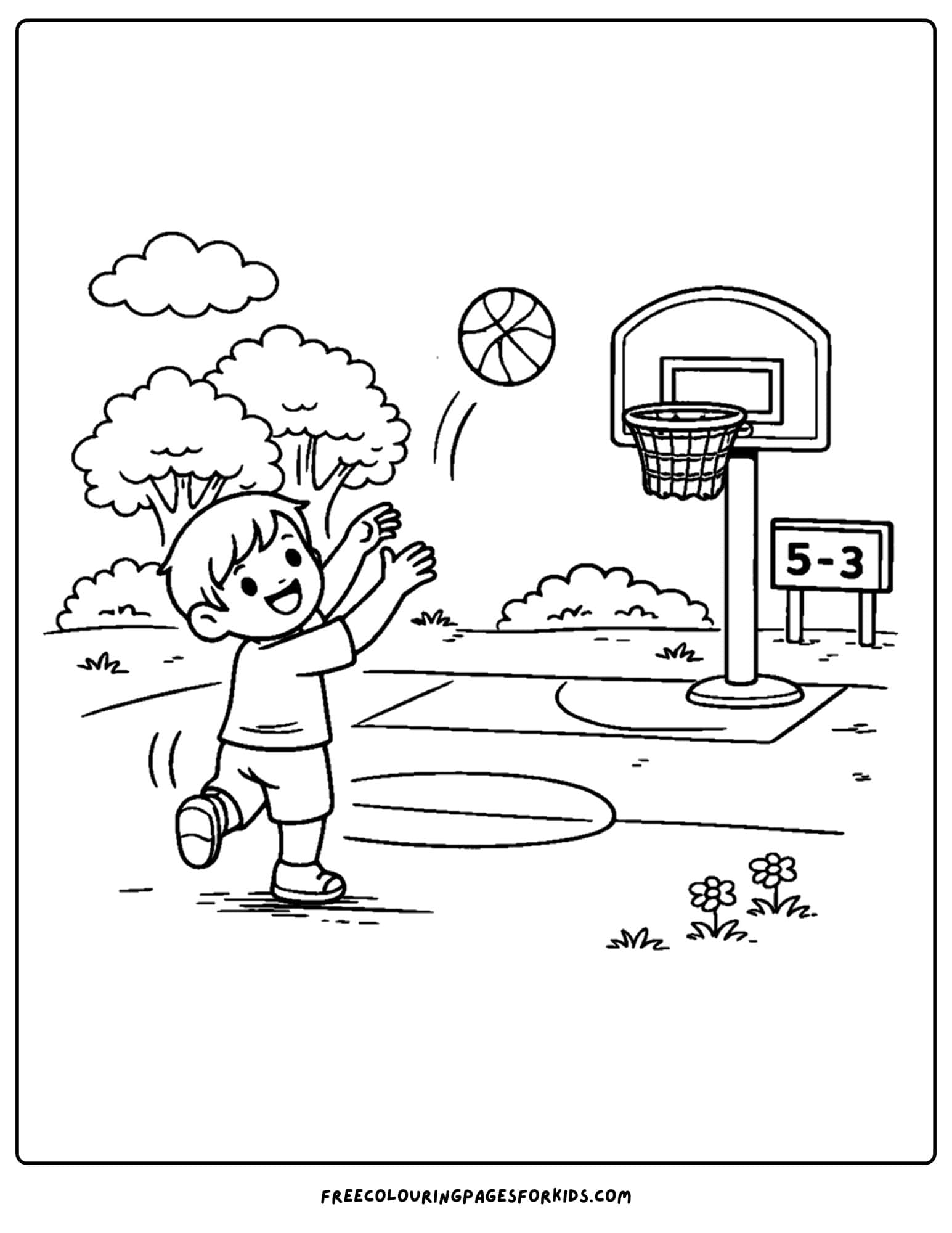 a coloring page of a childrens playground showing a child playing basketball and making a shot