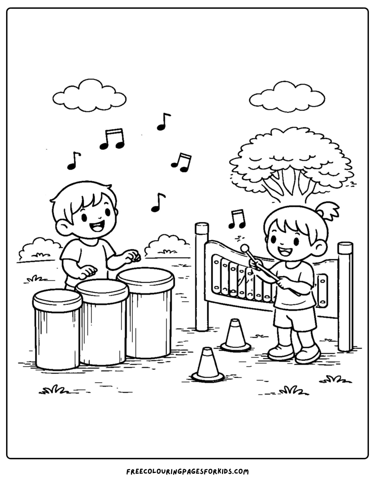 a coloring page of a childrens playground with kids making music on the musical instruments