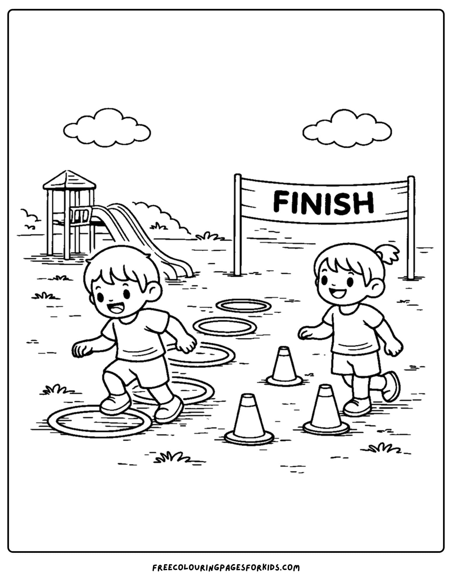 a coloring page of a childrens playground showing kids running an obstacle course