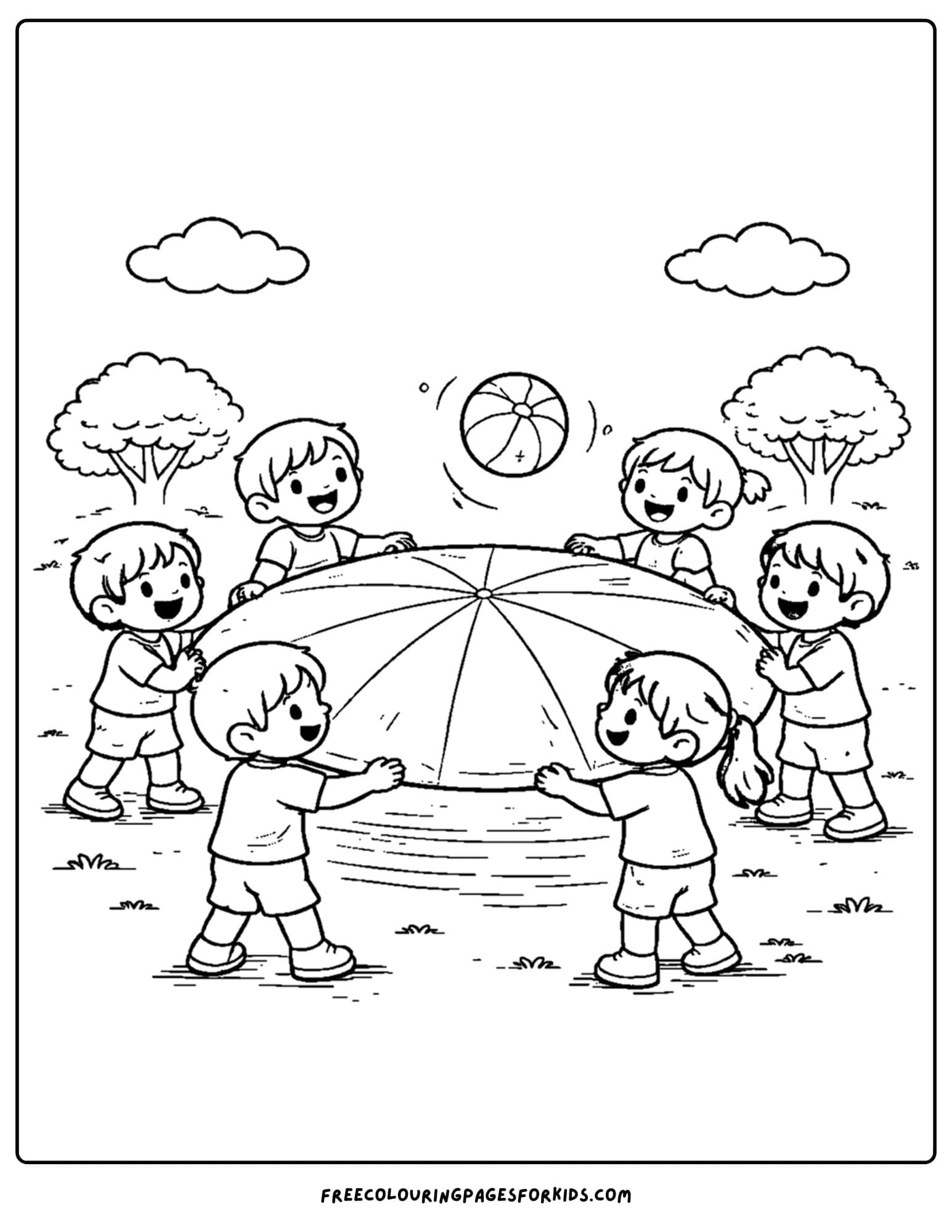a coloring page of a childrens playground with kids playing the parachute game