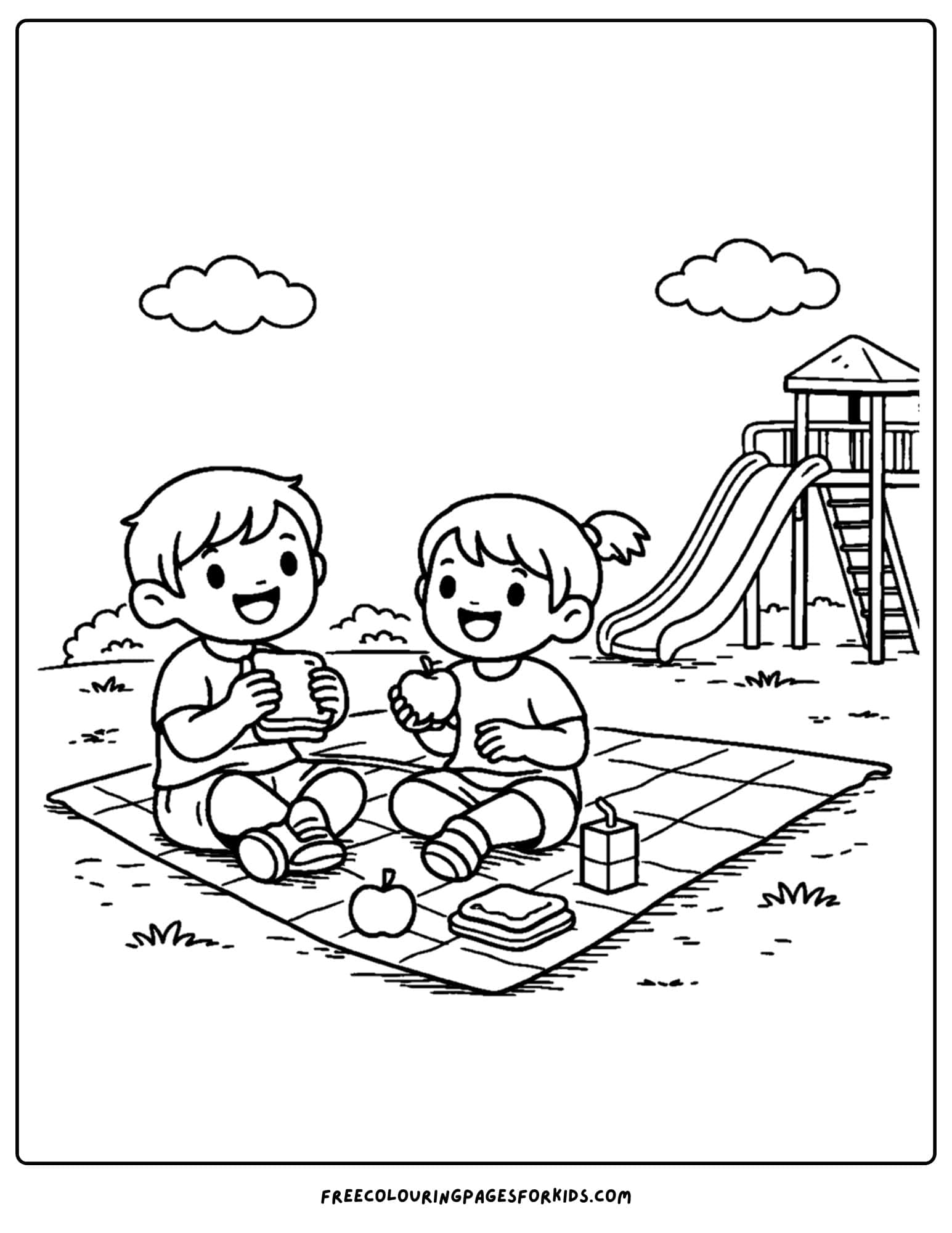 a coloring page of a childrens playground with kids having a picnic lunch together
