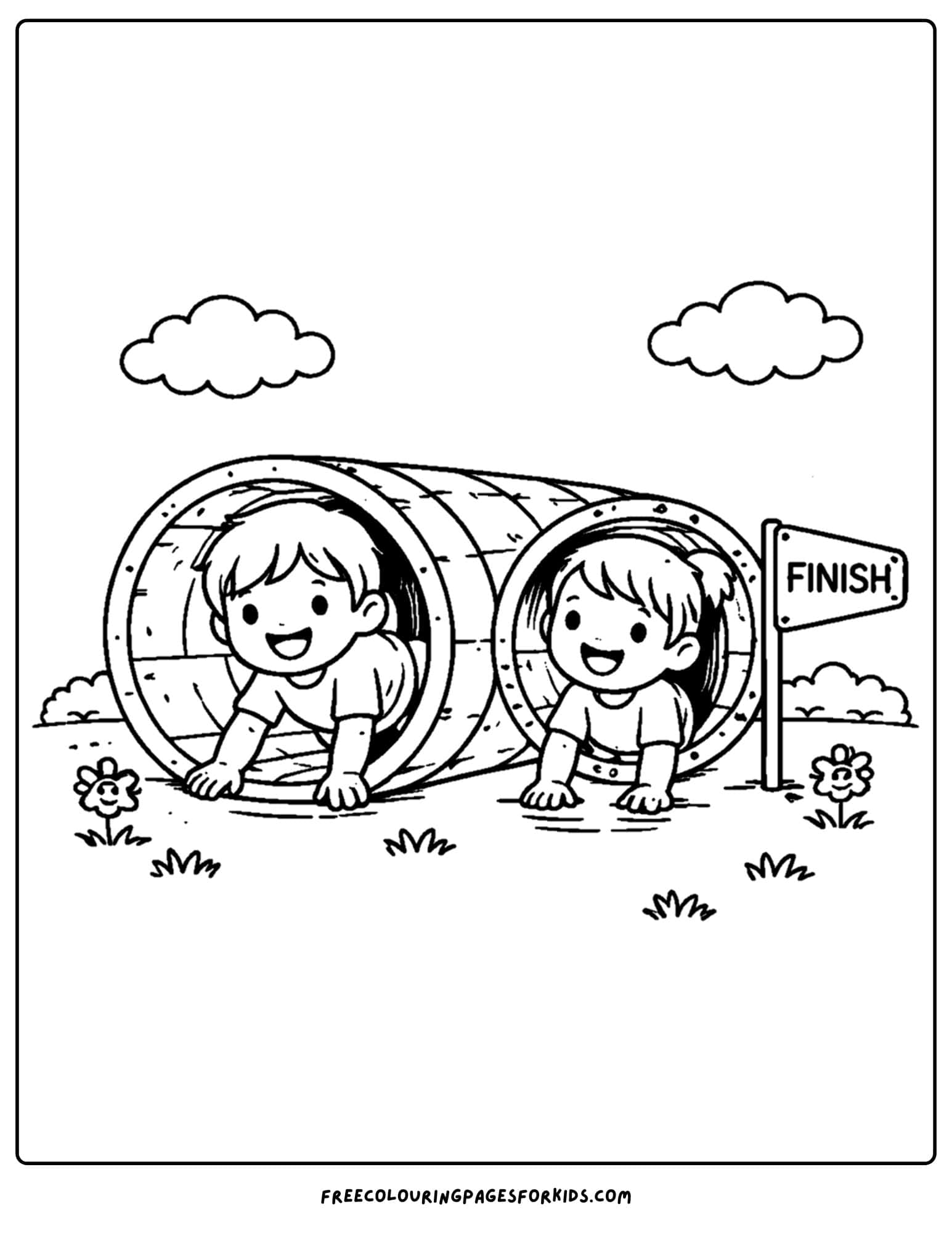 a coloring page of a childrens playground showing kids racing throgh tunnels