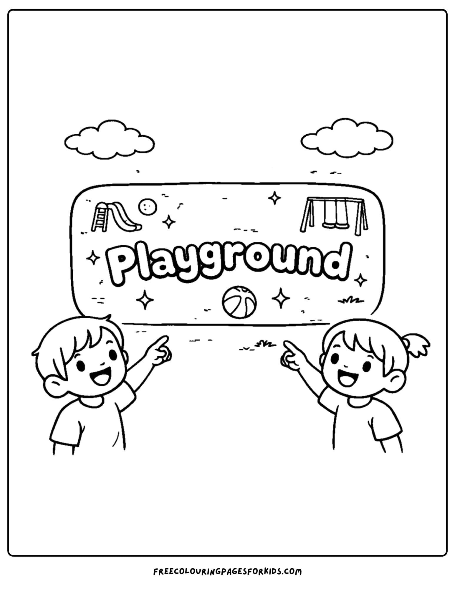 a coloring page of a childrens playground and kids pointing at the playground sign
