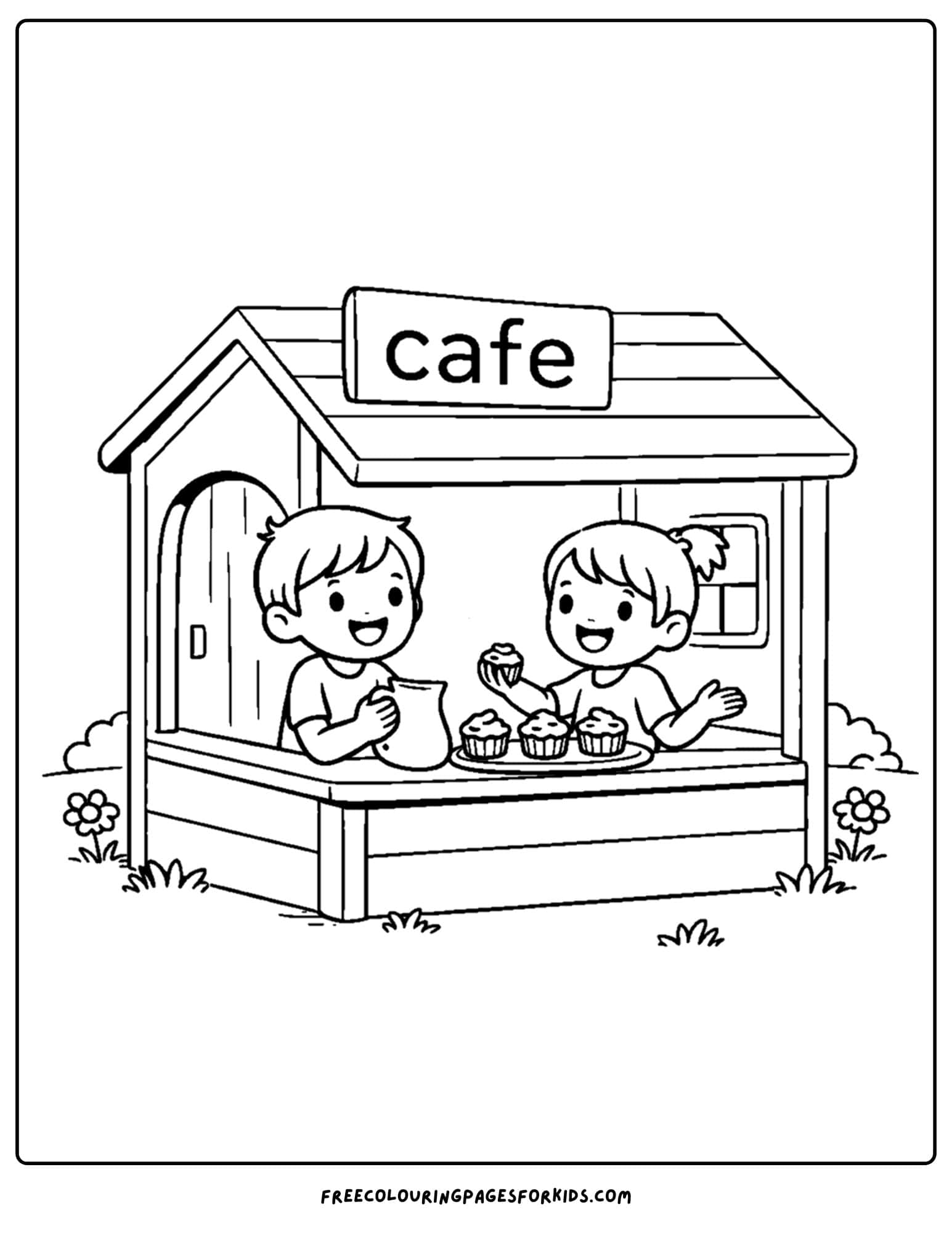 a coloring page of a childrens playground showing kids pretend playing a cafe