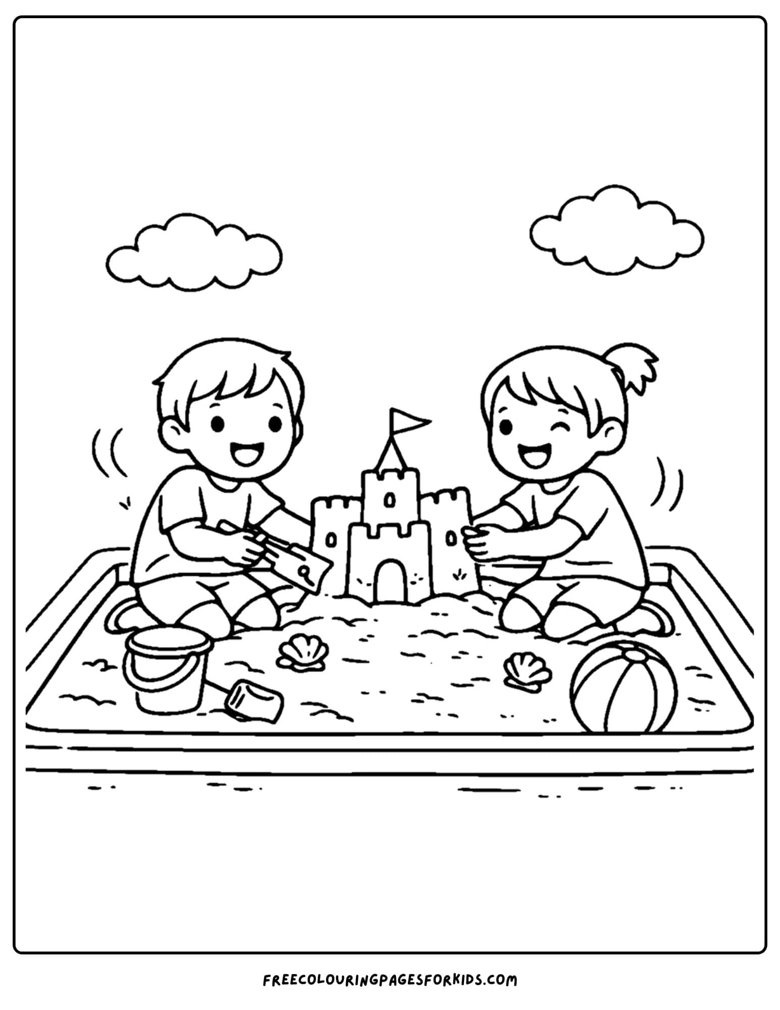 a coloring page of a childrens playground with kids in the sandpit building a sand castle