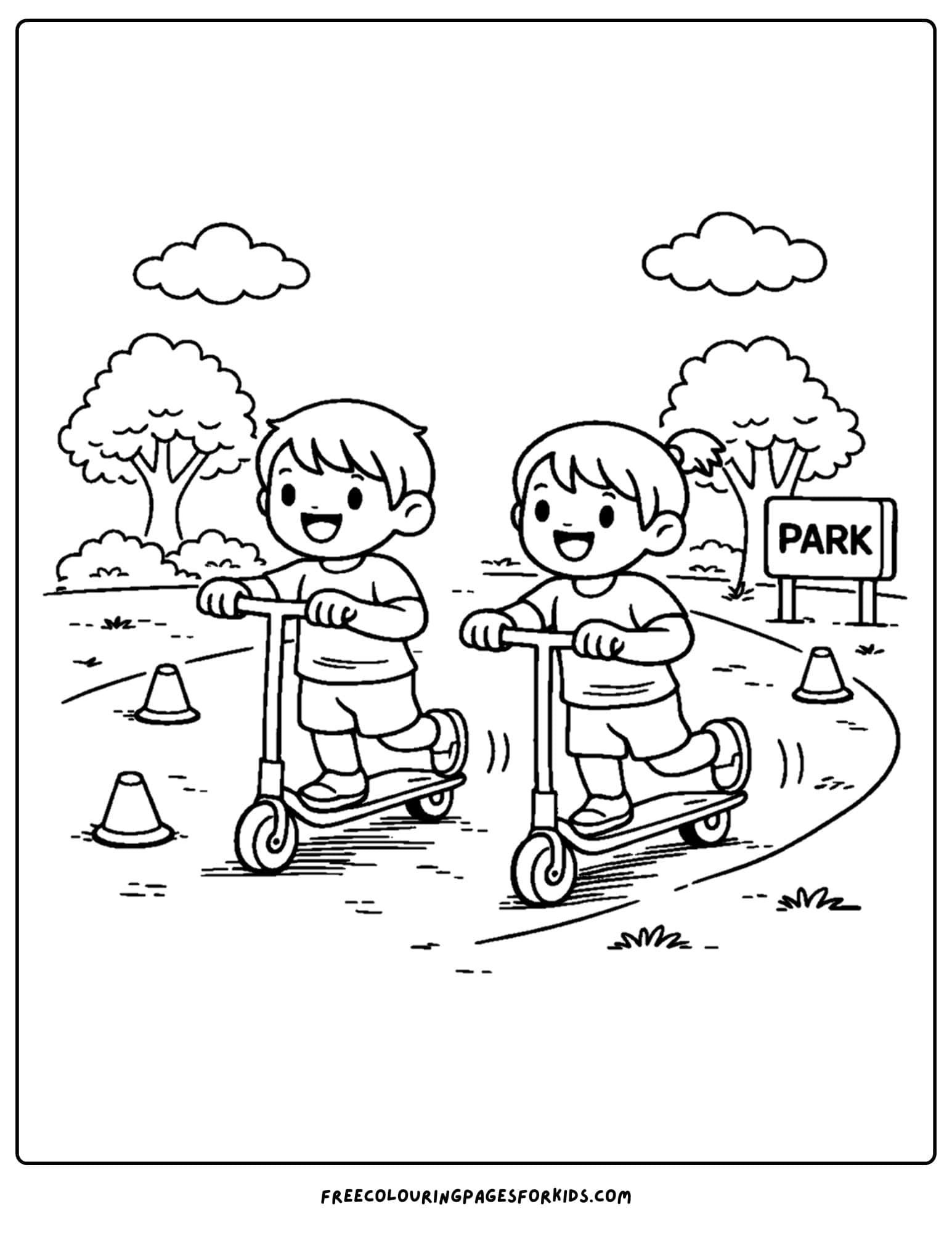 a coloring page of a childrens playground with kids riding scooters down the path