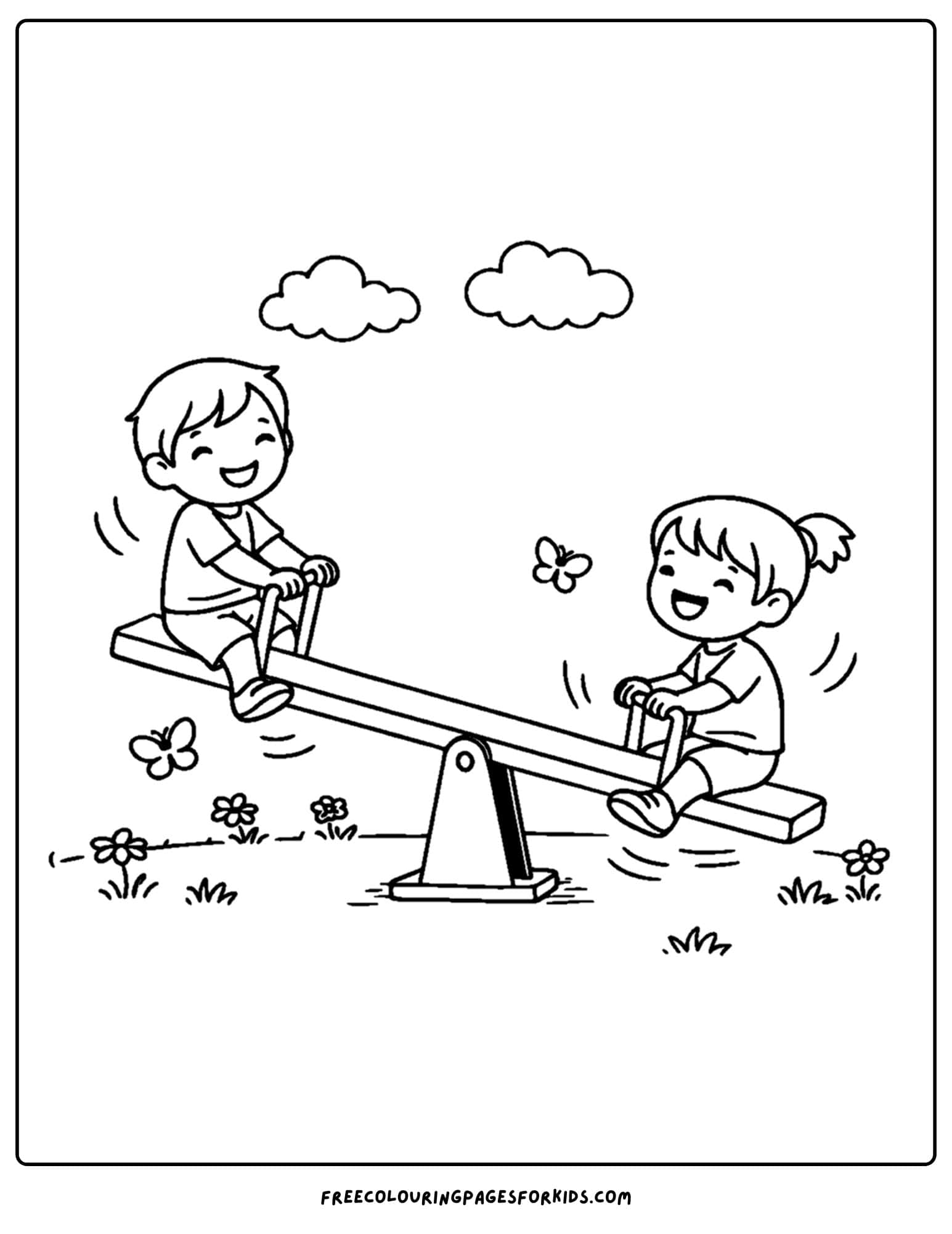 a coloring page of a childrens playground with kids on a seesaw laughing
