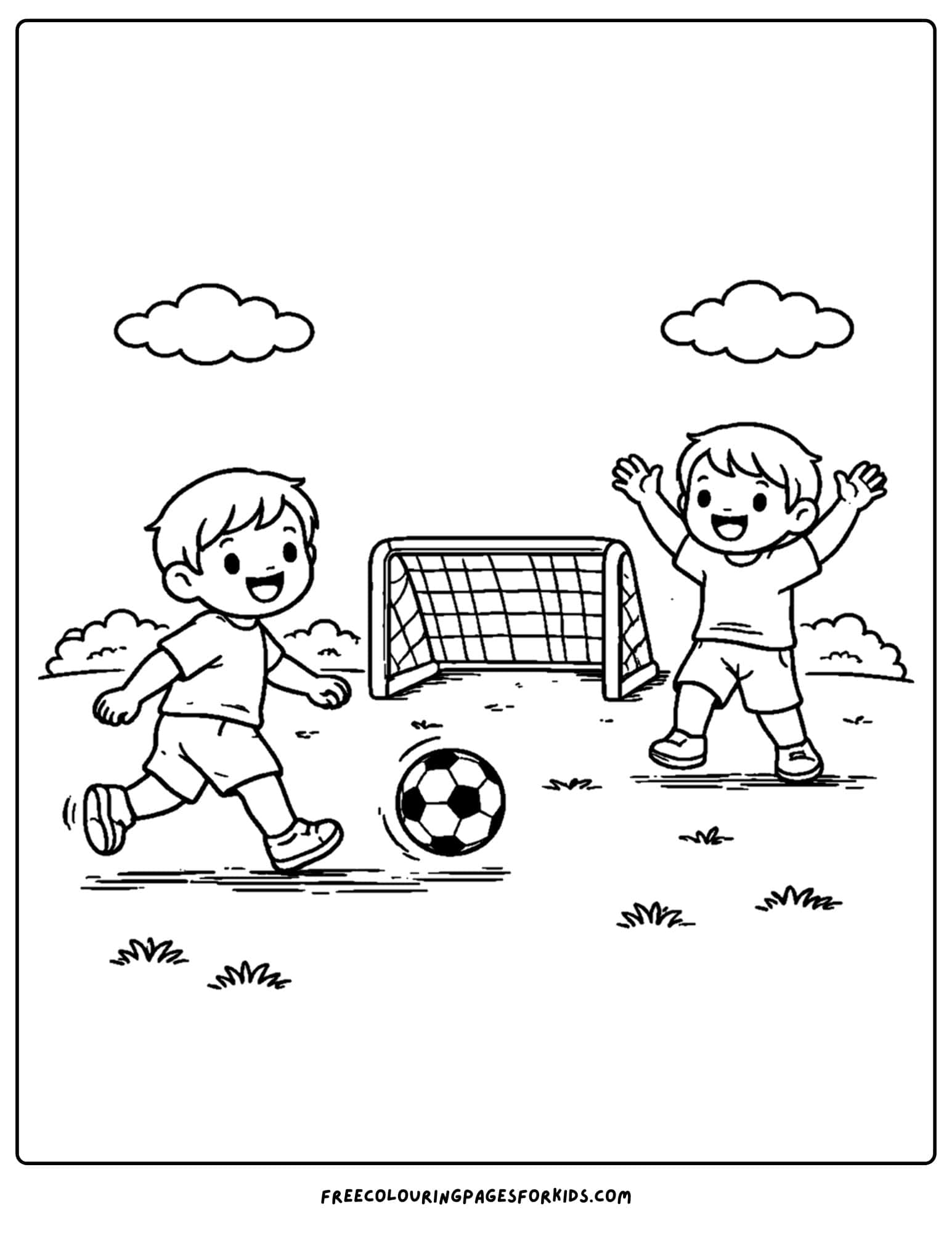 a coloring page of a childrens playground with two kids playing soccer together