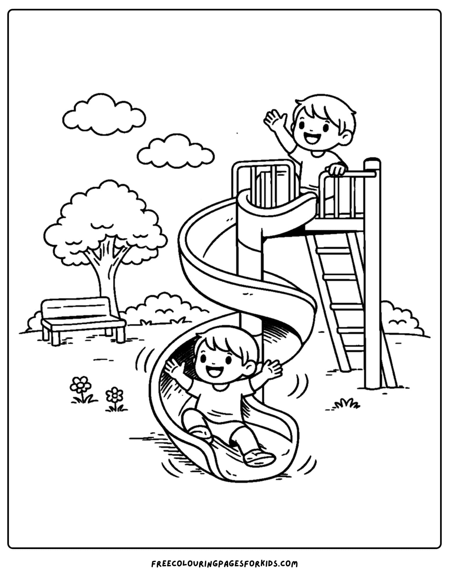 a coloring page of a childrens playground with a child doing down a spiral slide
