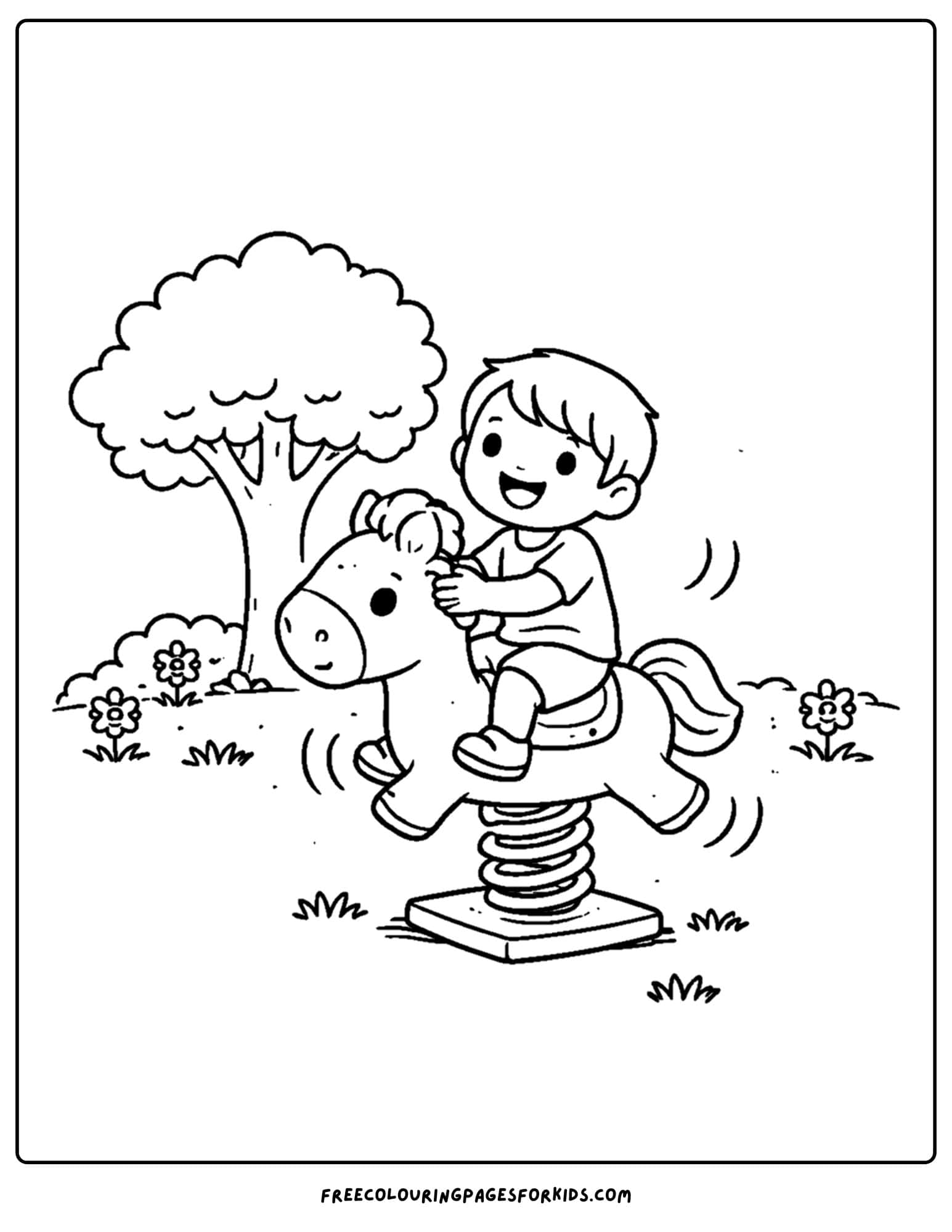 a coloring page of a childrens playground with a child riding a rocking horse