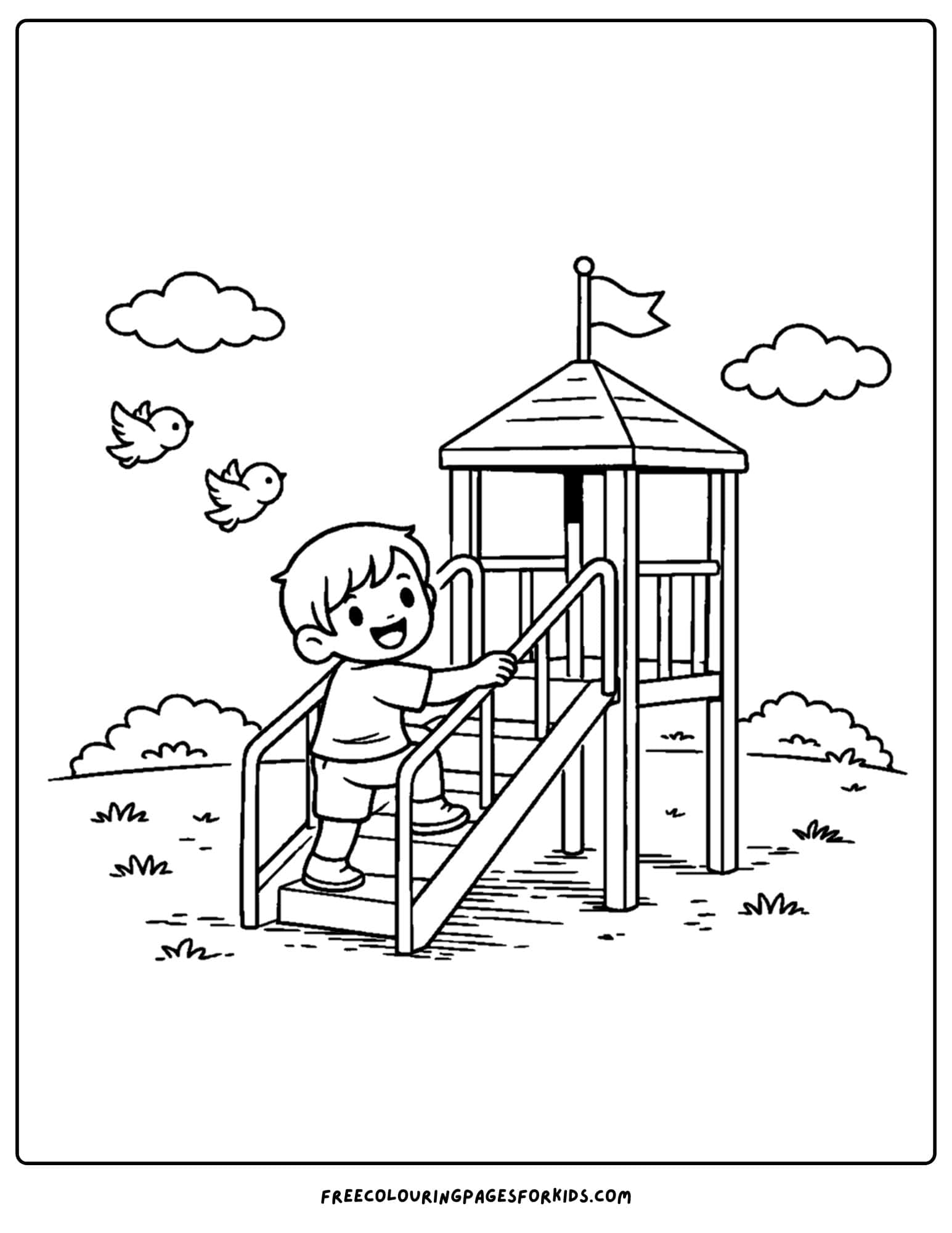 a coloring page of a childrens playground with a child going up the steps to a lookout tower