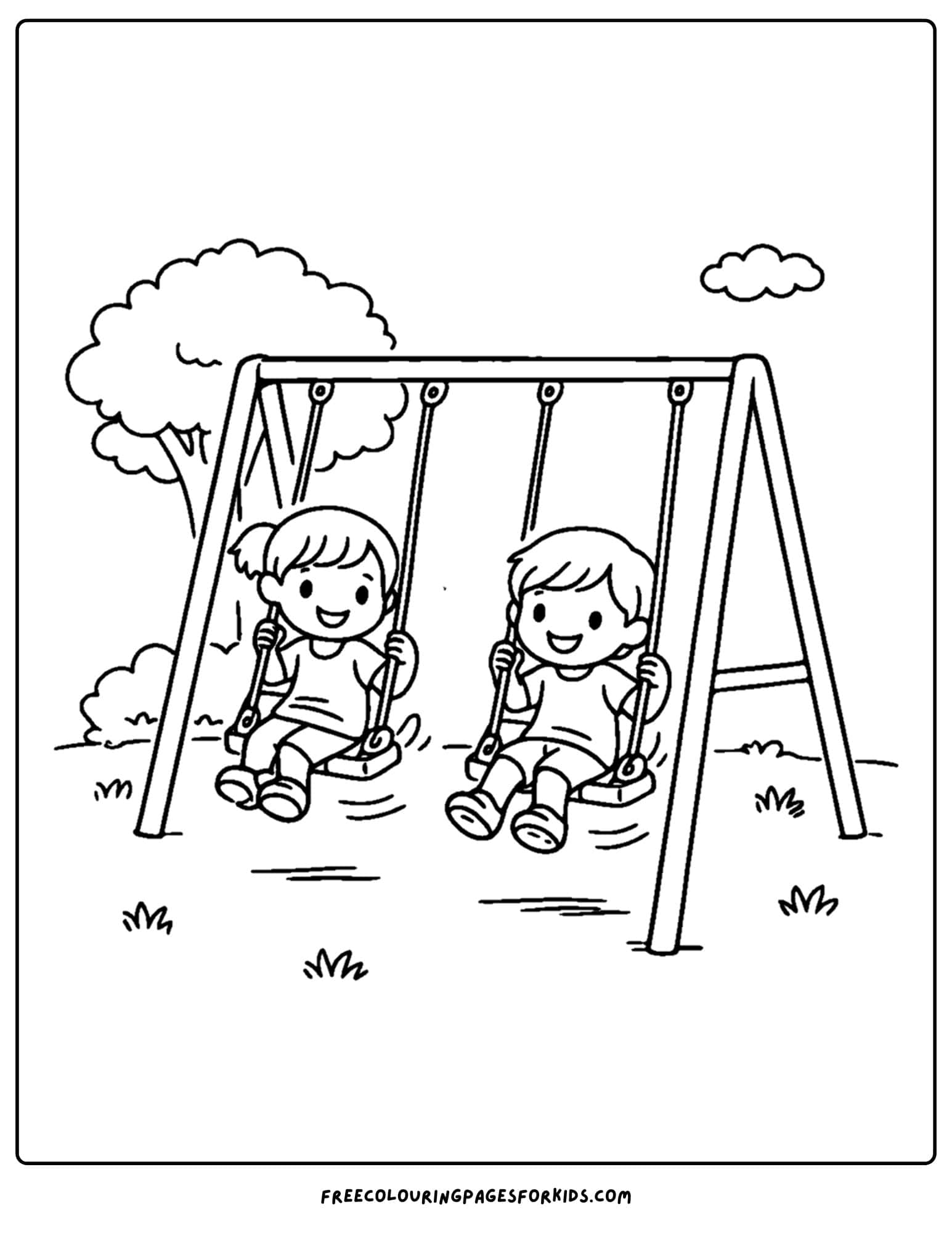 a coloring page of a childrens playground with kids on a swing set